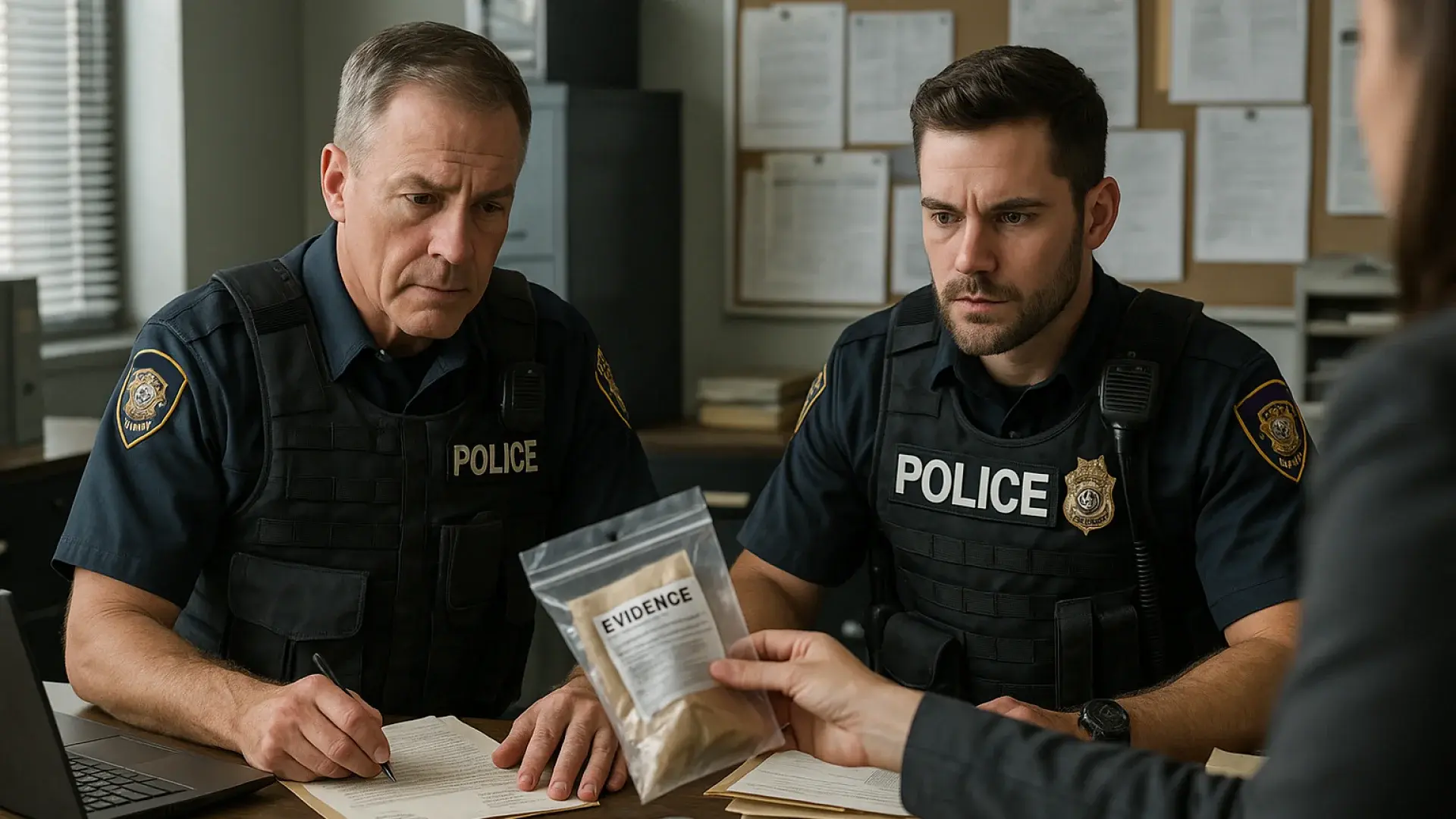 Two Officers Looking at Collected Evidences