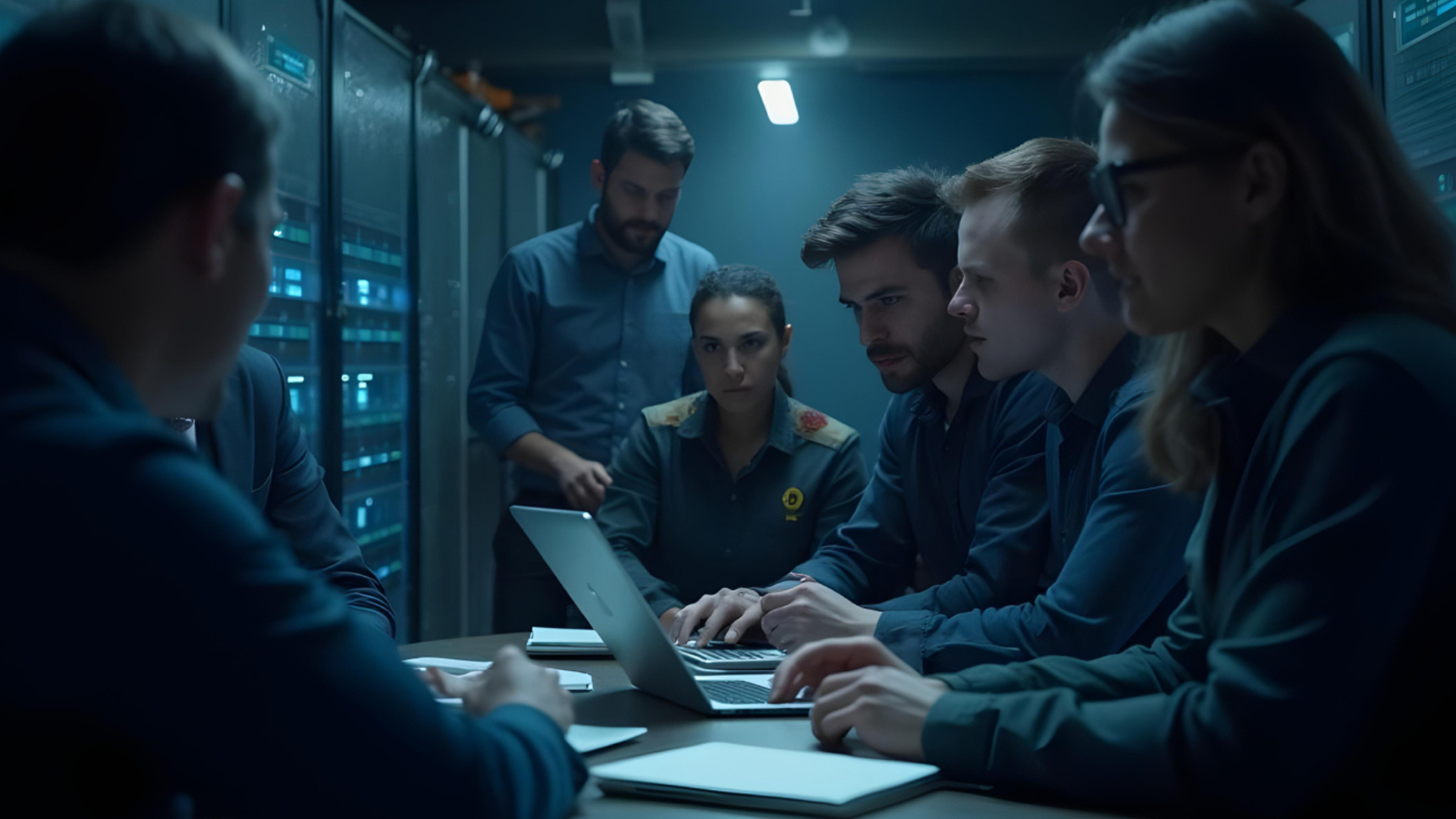 Professionals in a server room working together on a laptop, focusing on disaster recovery in evidence management.