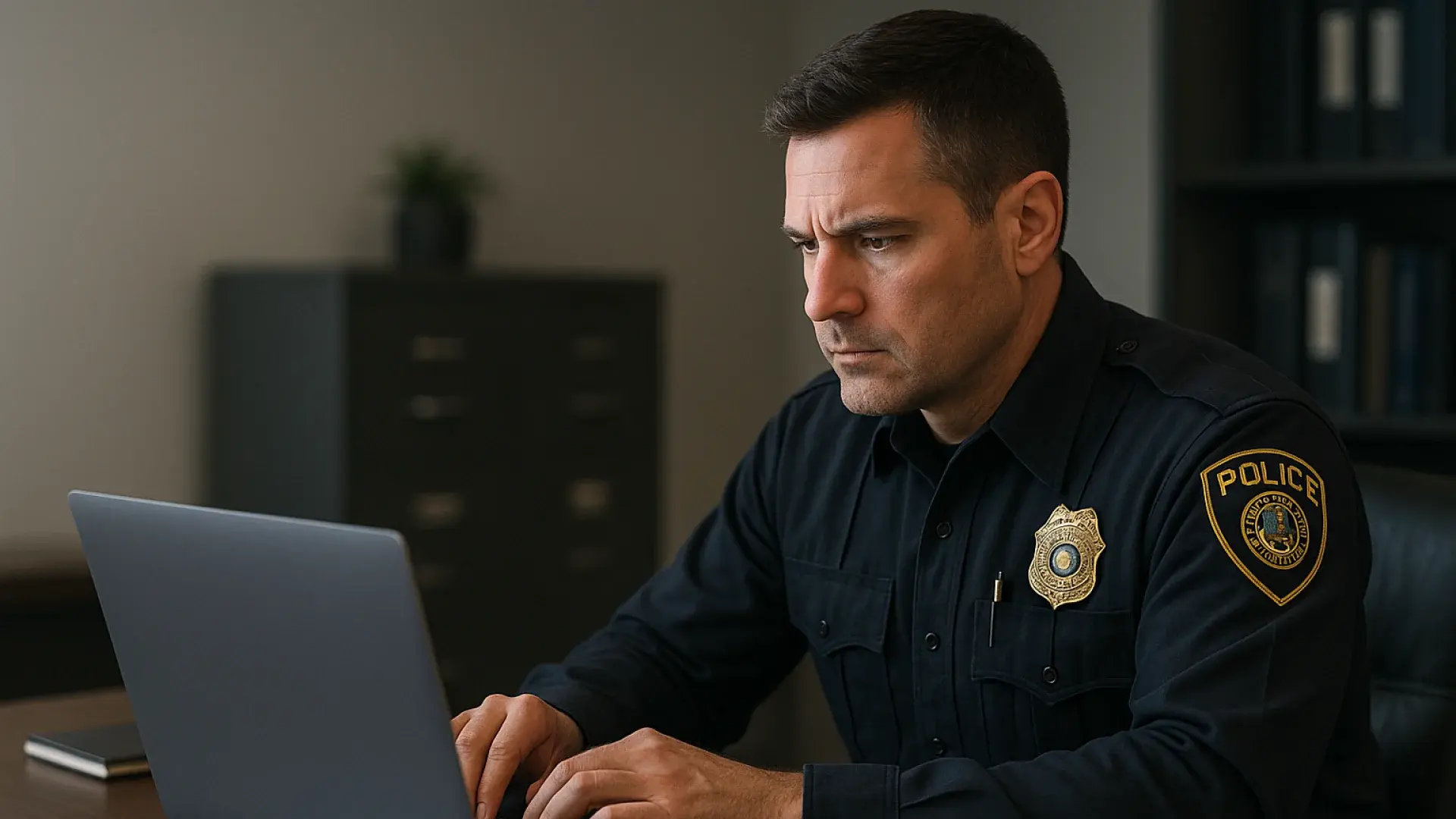 Police officer working on a laptop at a desk in an office setting.