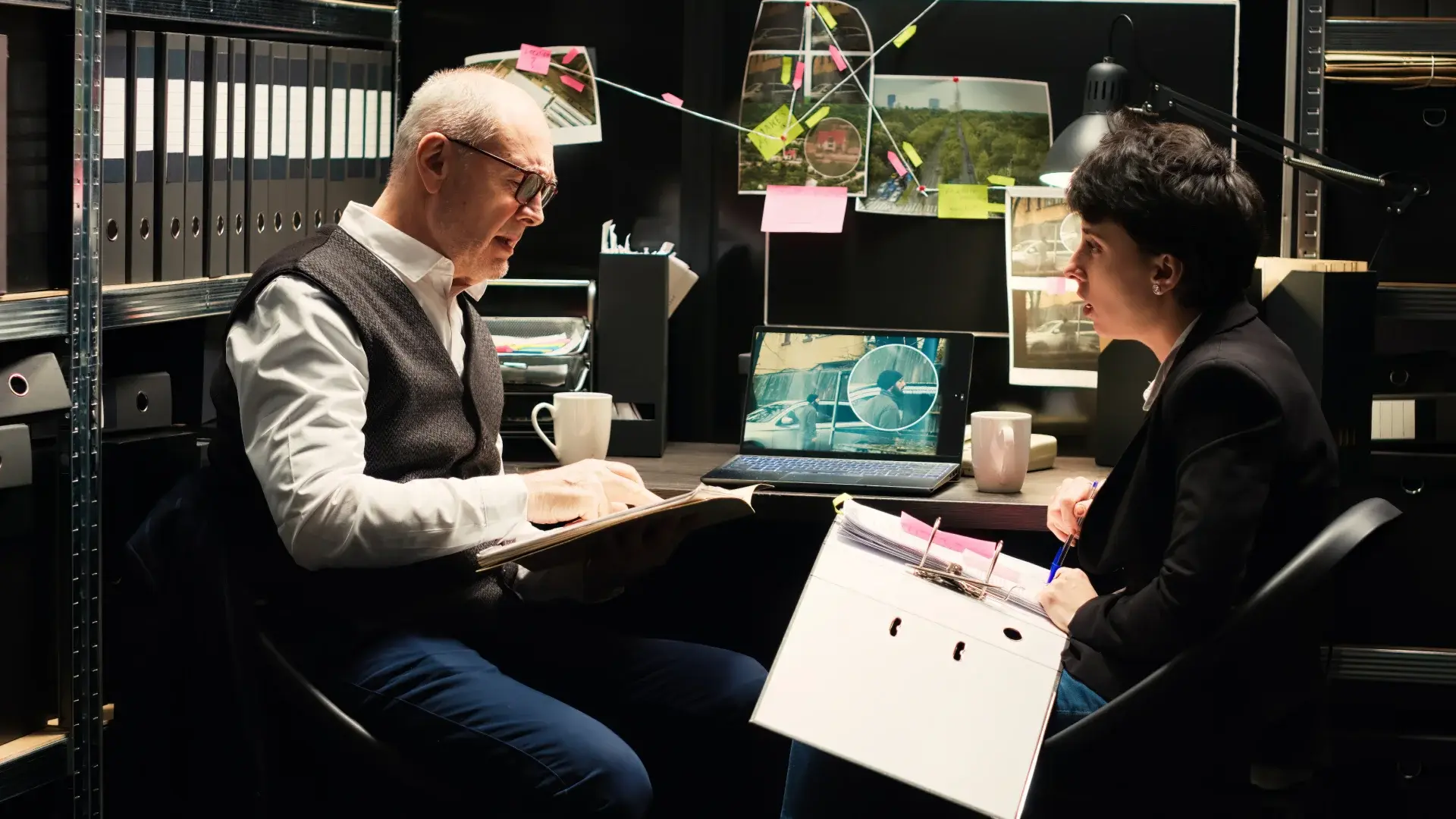 Two Persons Looking at Evidences