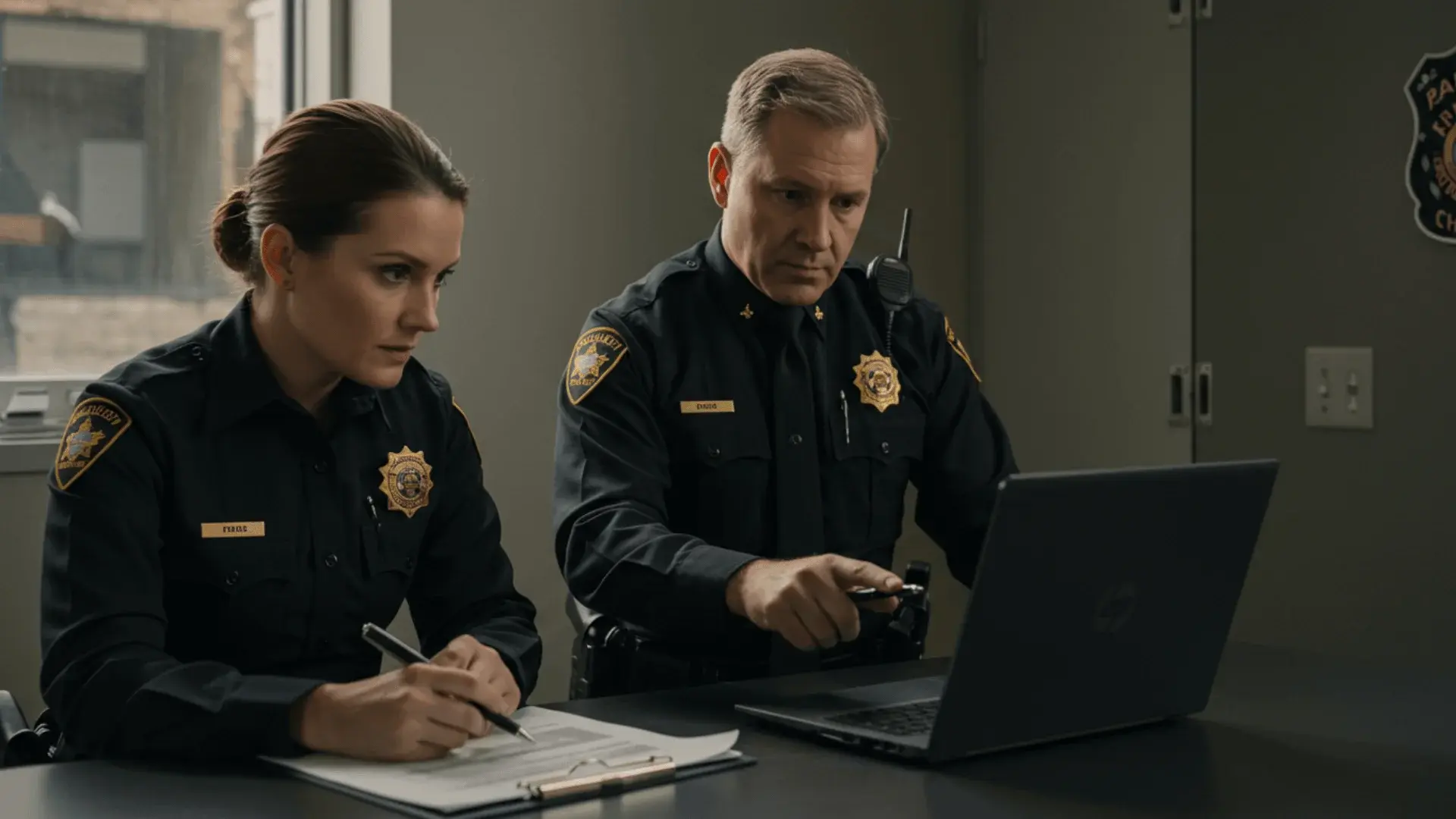 Two law enforcement officers reviewing digital evidence on a laptop; one officer taking notes on a clipboard while analyzing video and document files in a professional office setting.