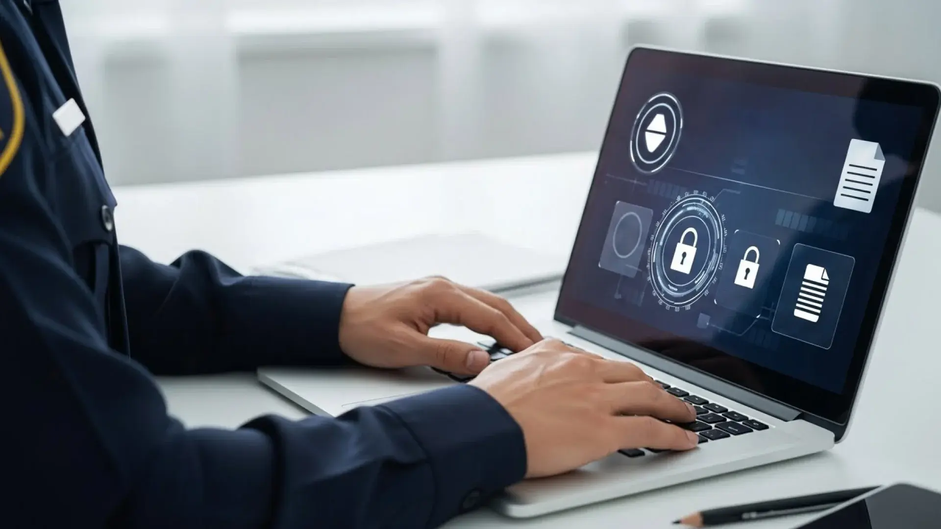 A police officer using a laptop
