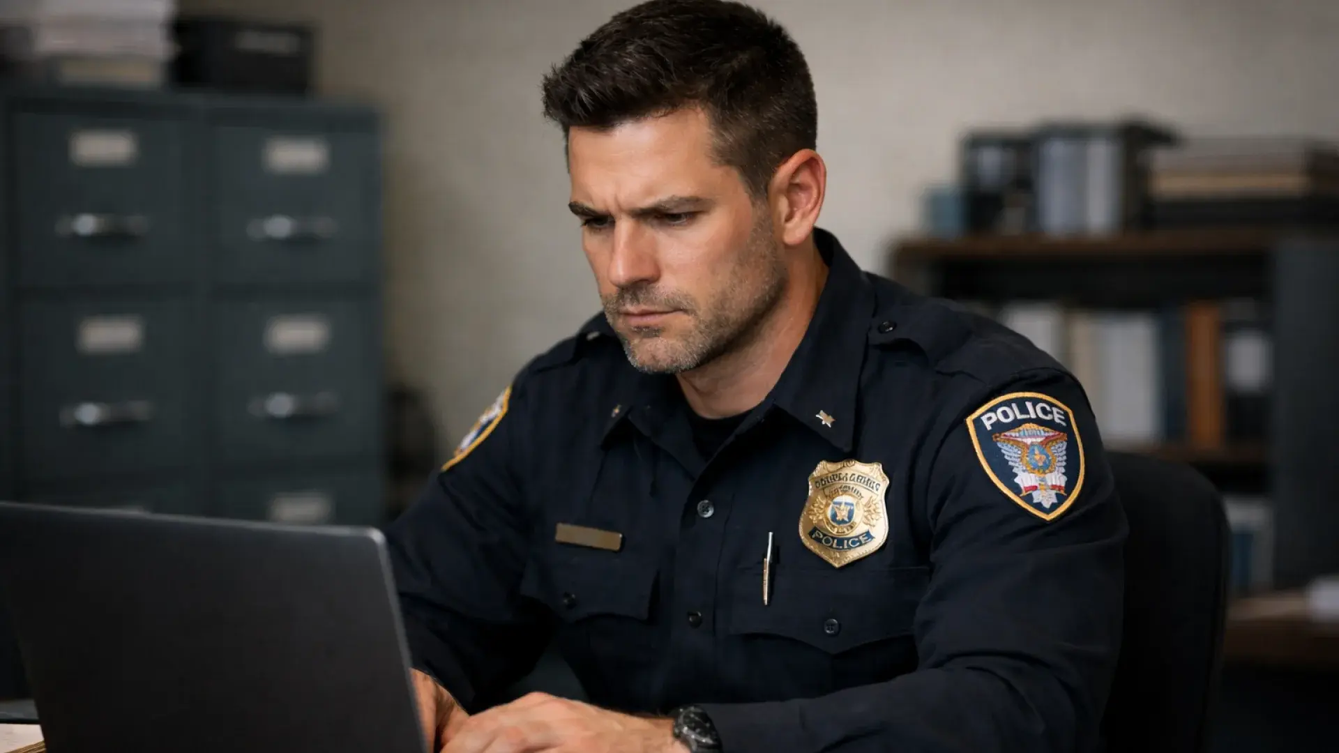 Police officer working on a laptop