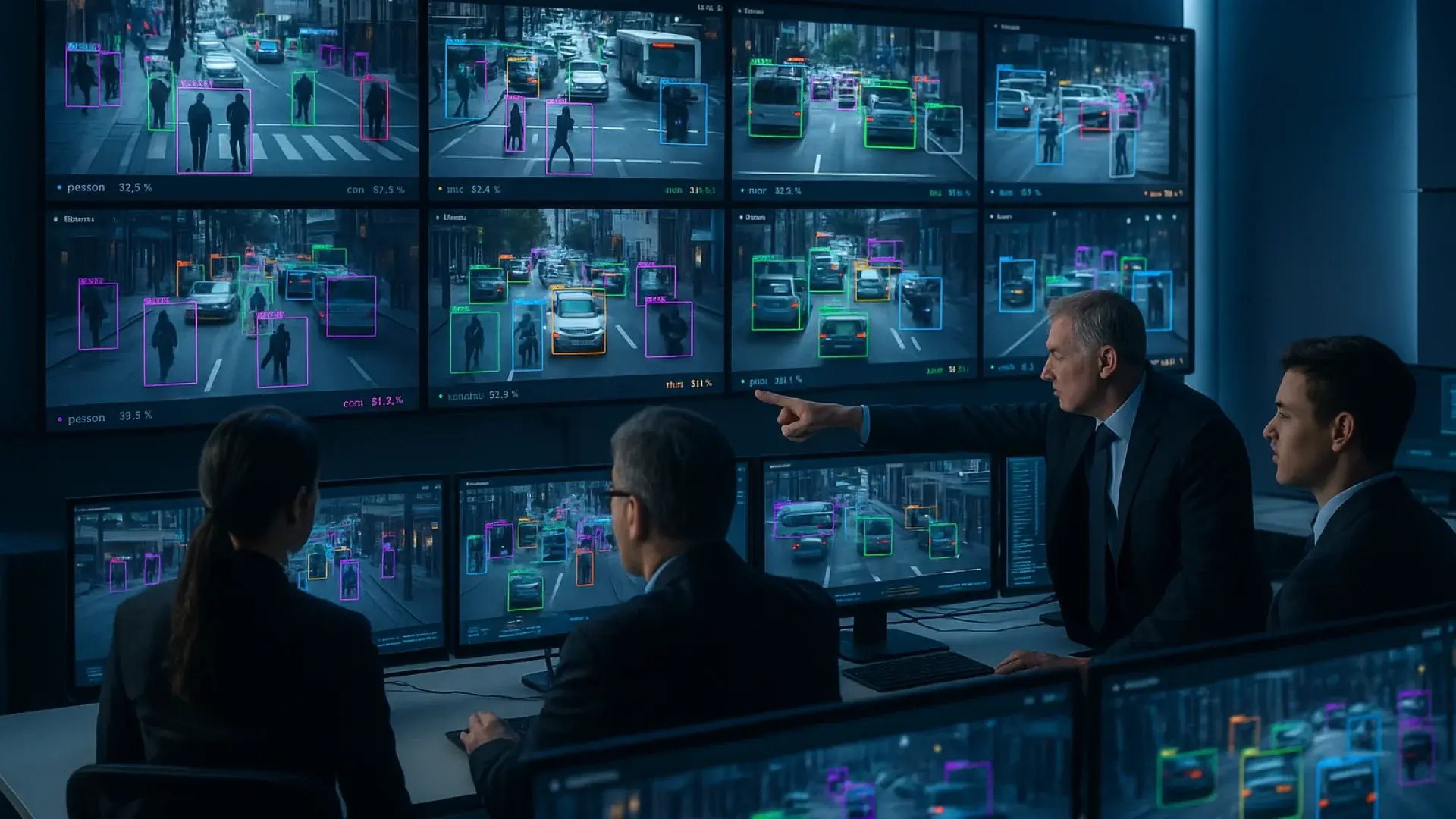 Four persons detecting objects on screens