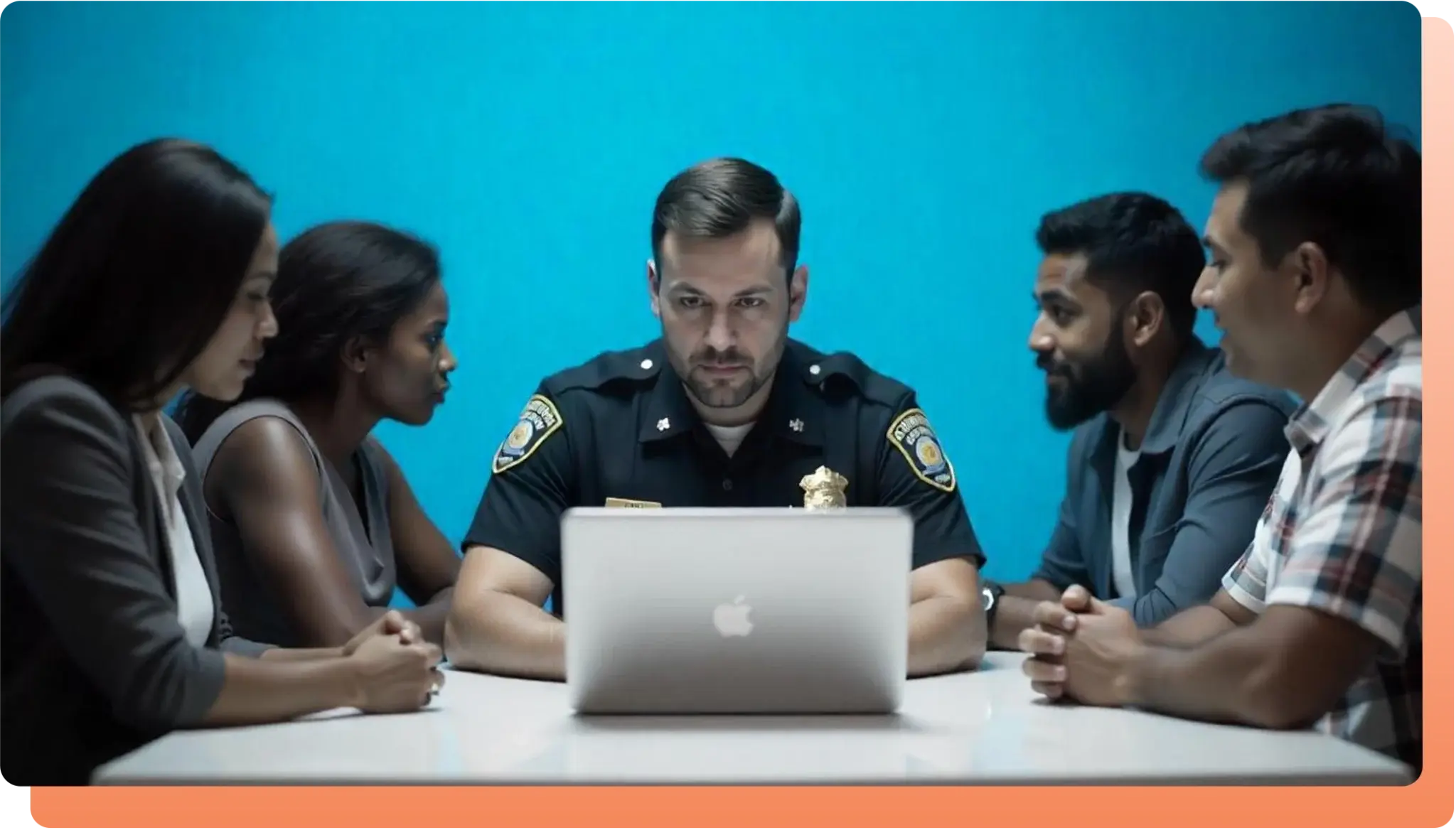 Policeman Addressing Public with a Laptop