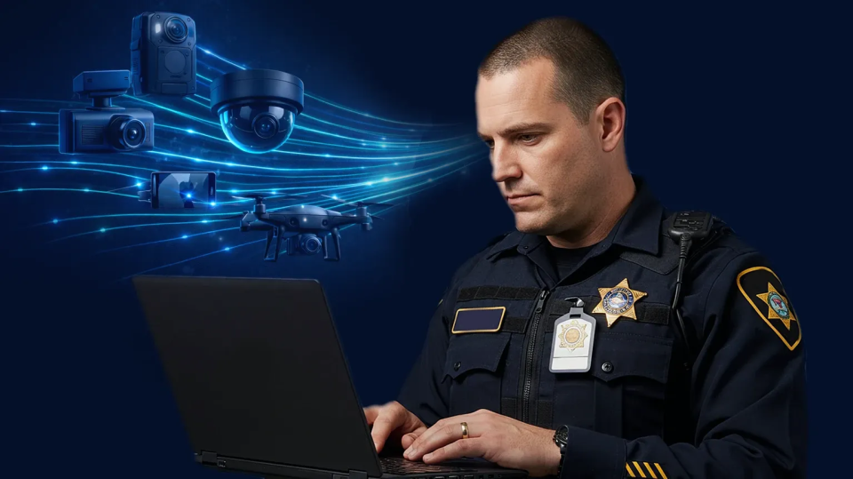 A police officer using digital evidence management system