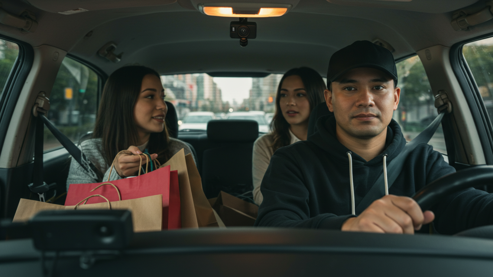 A male cab driver wearing a black hoodie and cap, focused on driving with a dash cam on the dashboard, while two female passengers with shopping bags converse in the back seat.