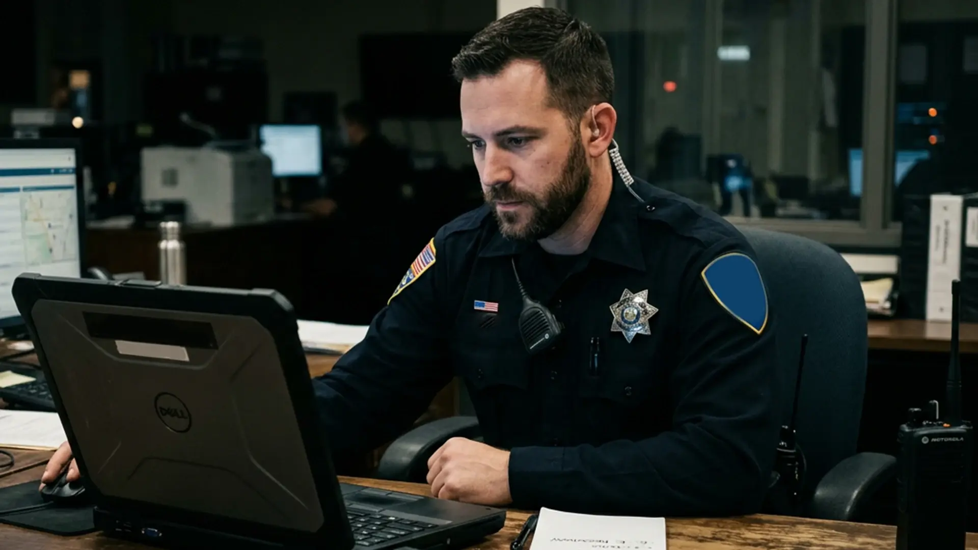 a police officer working on a laptop using cloud evidence management