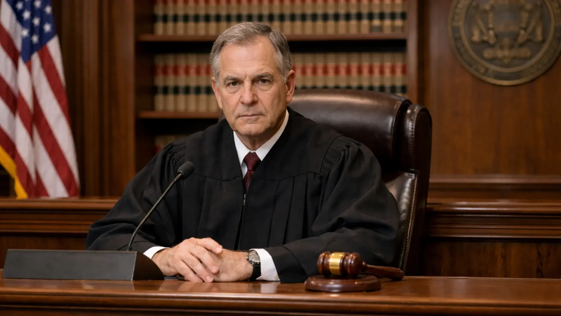 Judge presiding in courtroom with gavel and law books
