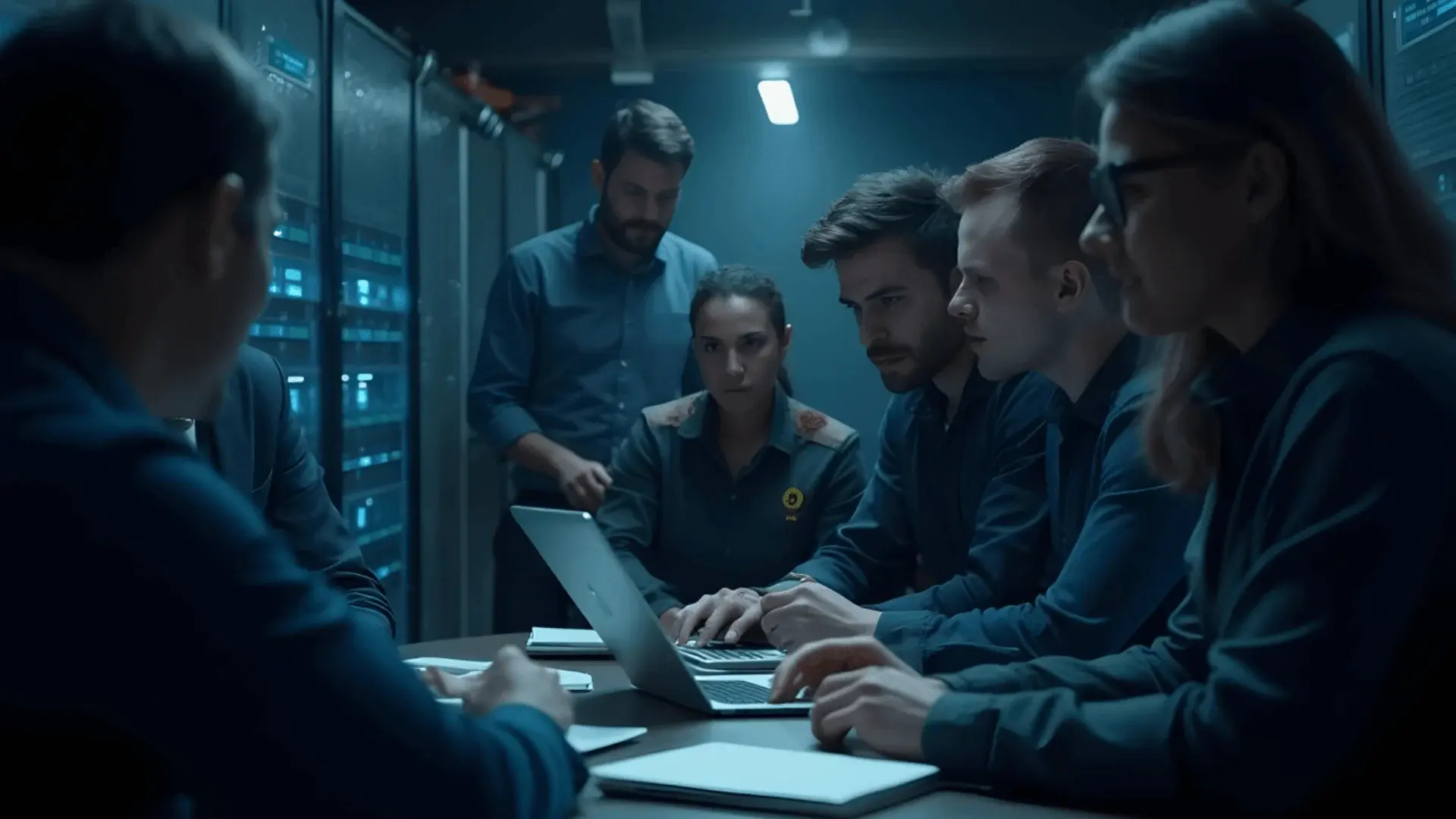 Professionals in a server room working together on a laptop, focusing on disaster recovery in evidence management.