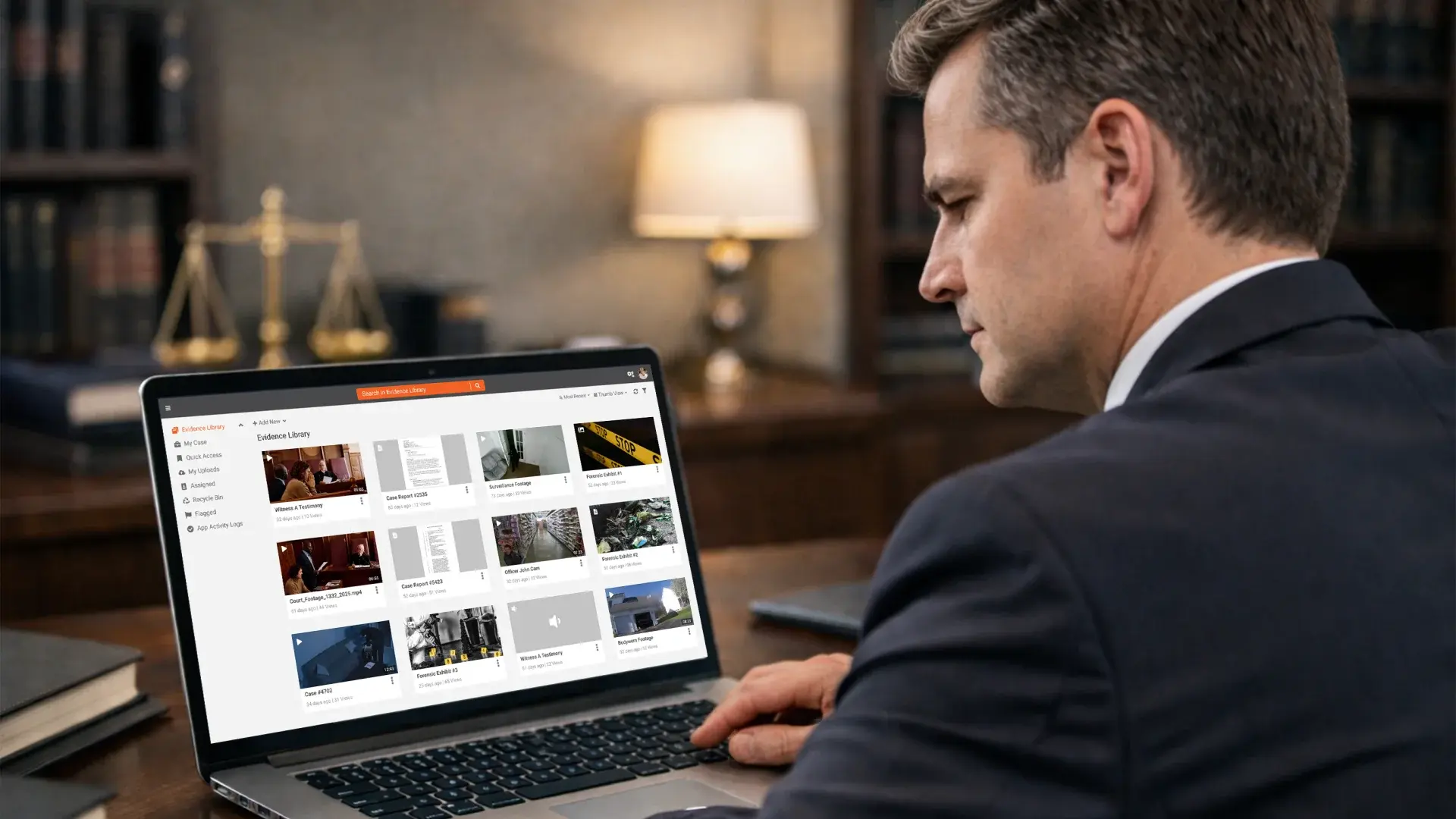 Law firm reviewing digital evidence management system on laptop