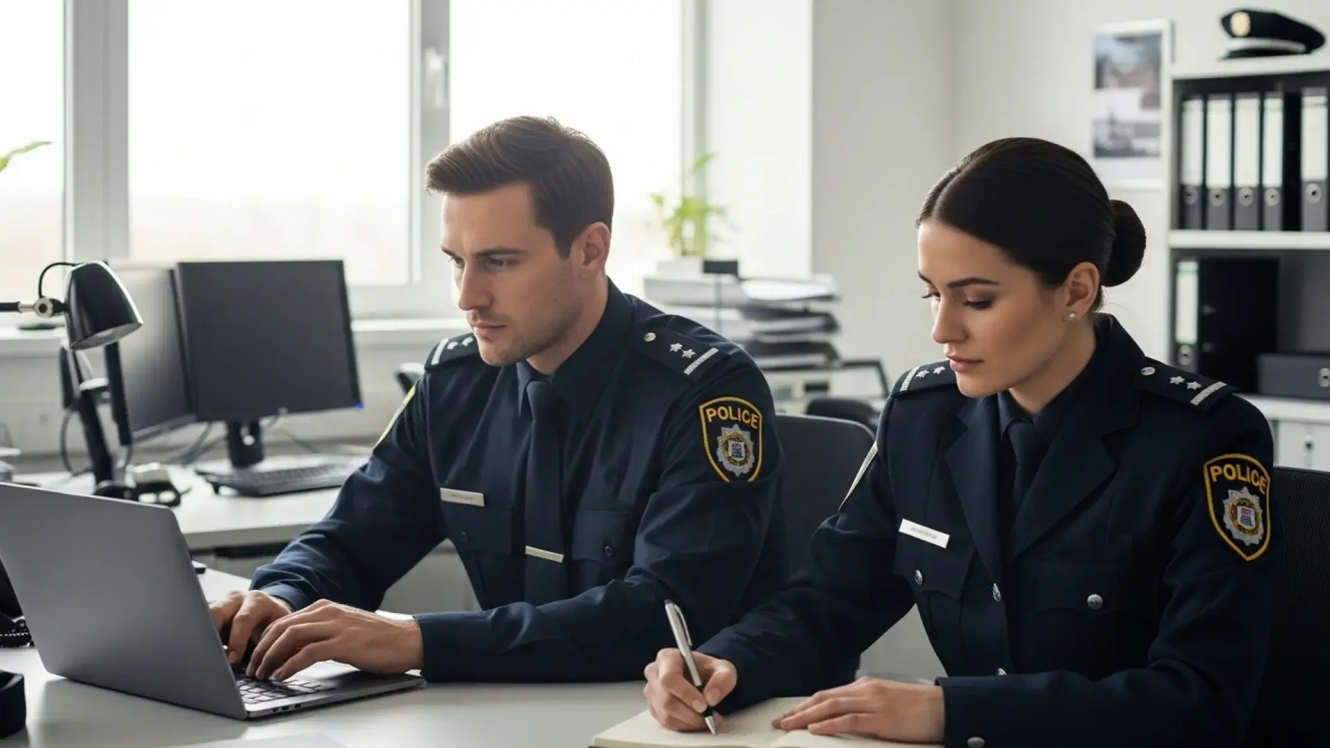 Two police officers working on a case using law enforcement evidence management software.