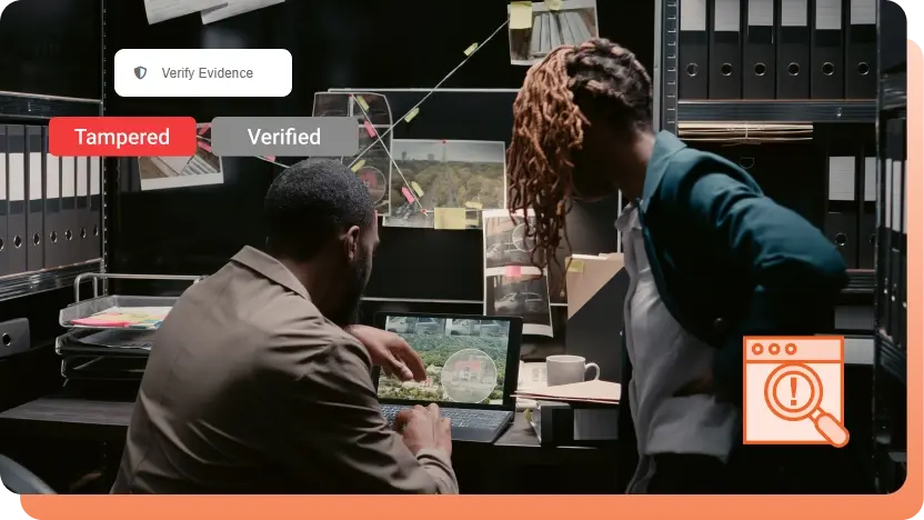 An image showing two officers in incident room examining digital evidence that has been tampered with.