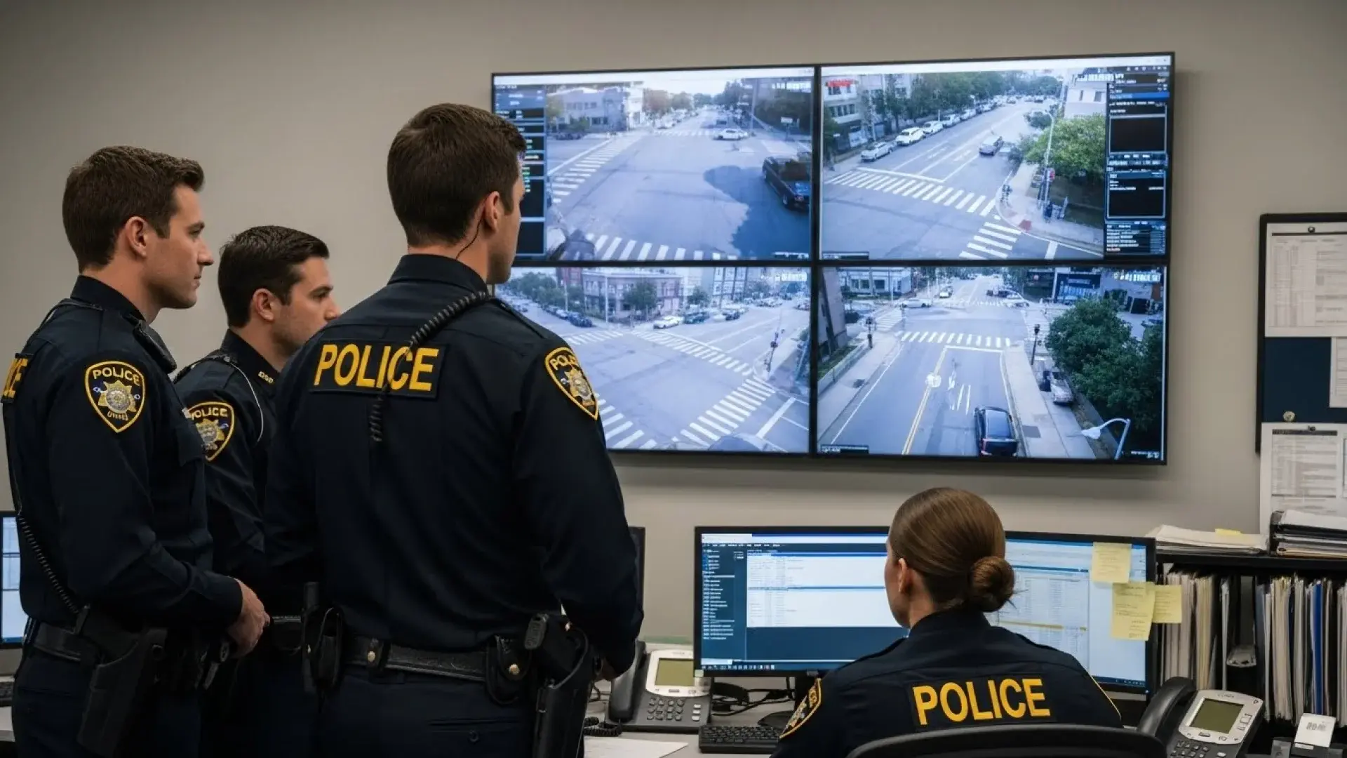 Police officers in a control room monitor multiple screens showing live street surveillance footage.