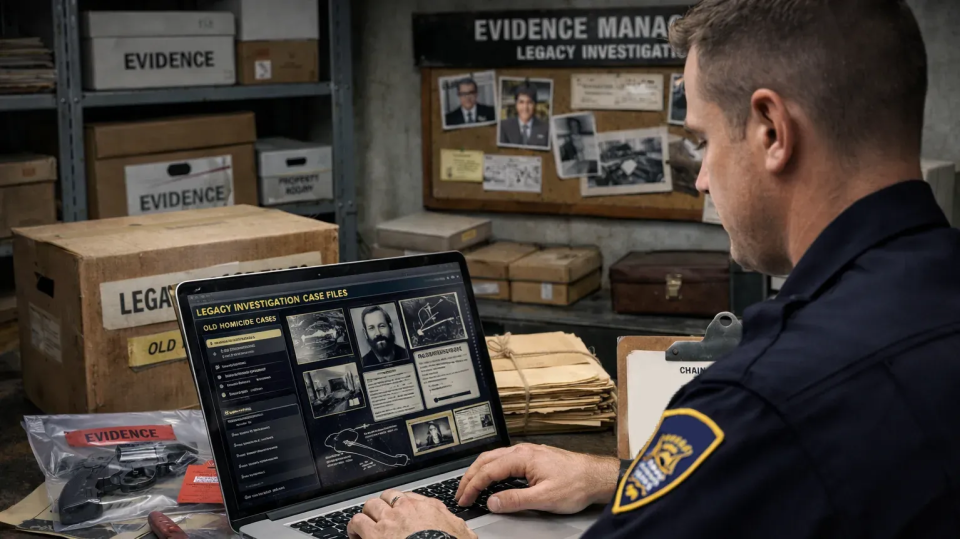 Officer reviewing cold case files on a DEMS