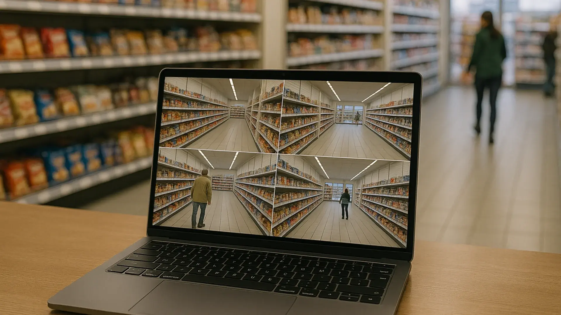Retail surveillance footage displayed on a laptop inside a grocery store.