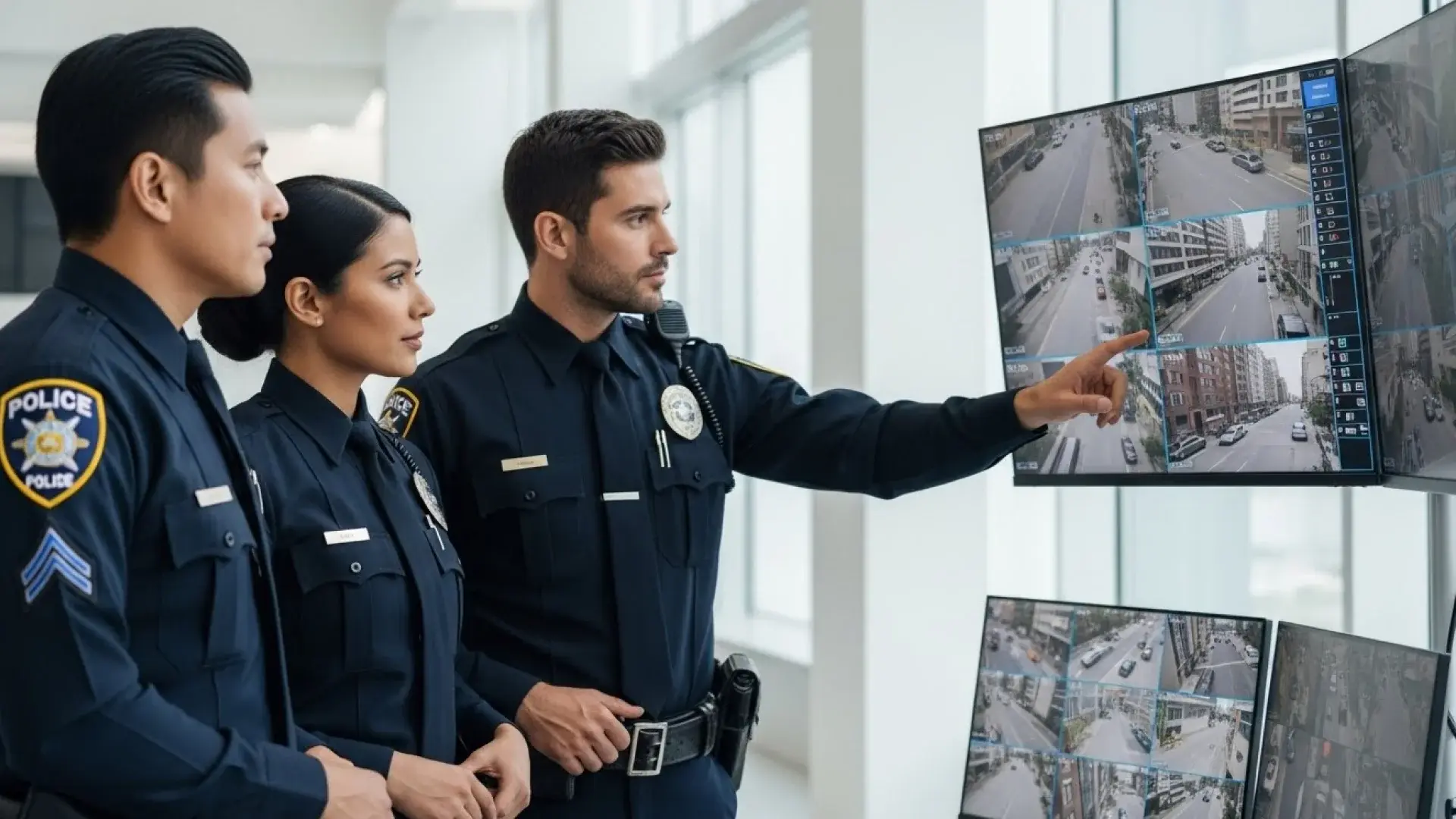 Police officers looking at the surveillance footages