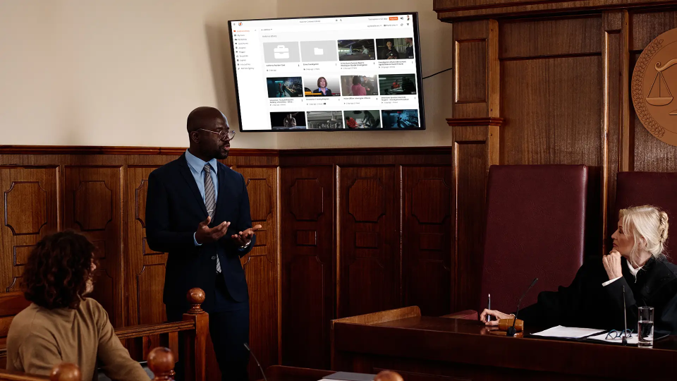 a prosecutor using digital evidence management system in the court to show evidences