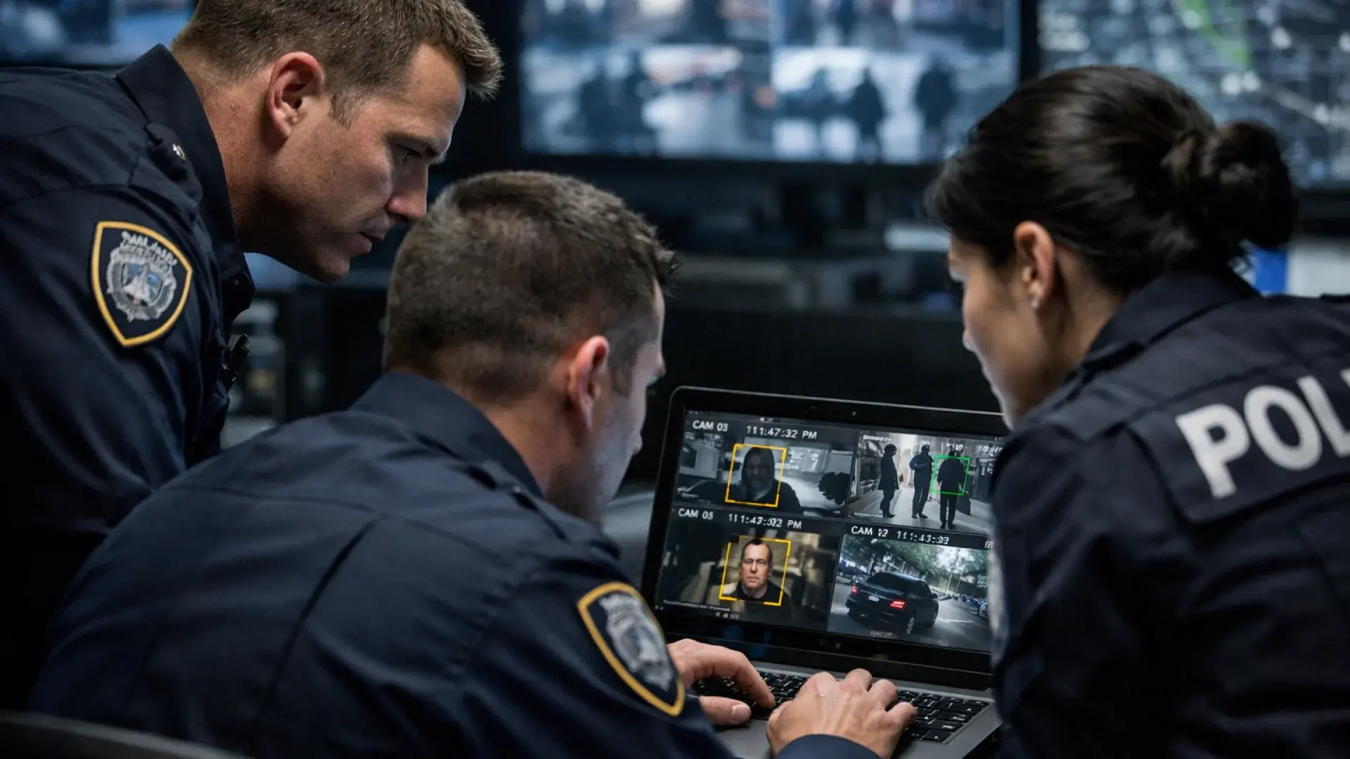 Public safety officers reviewing digital evidence footage after an incident
