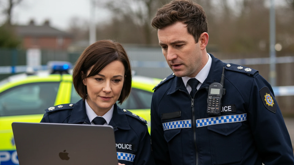 two police officers working on a laptop on field