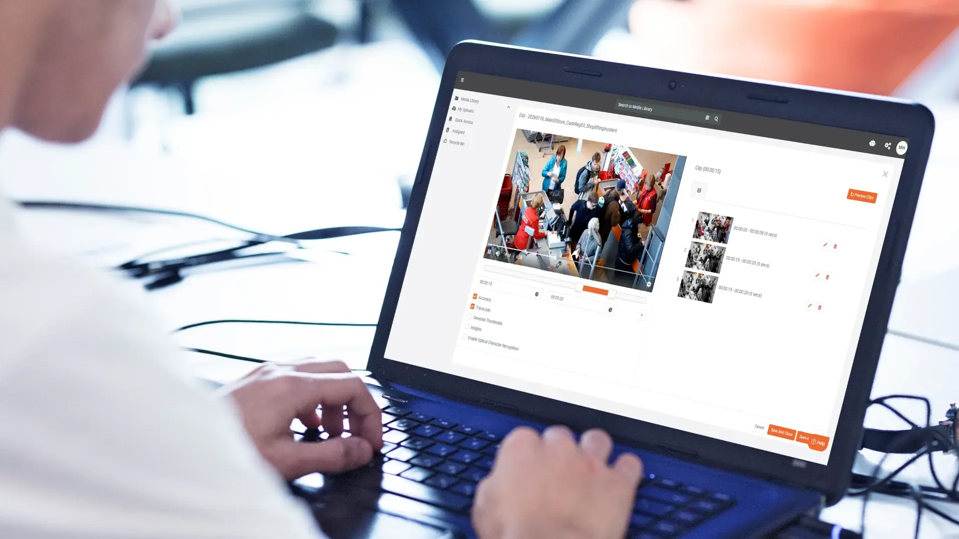 A person trimming video evidence using a digital evidence management system