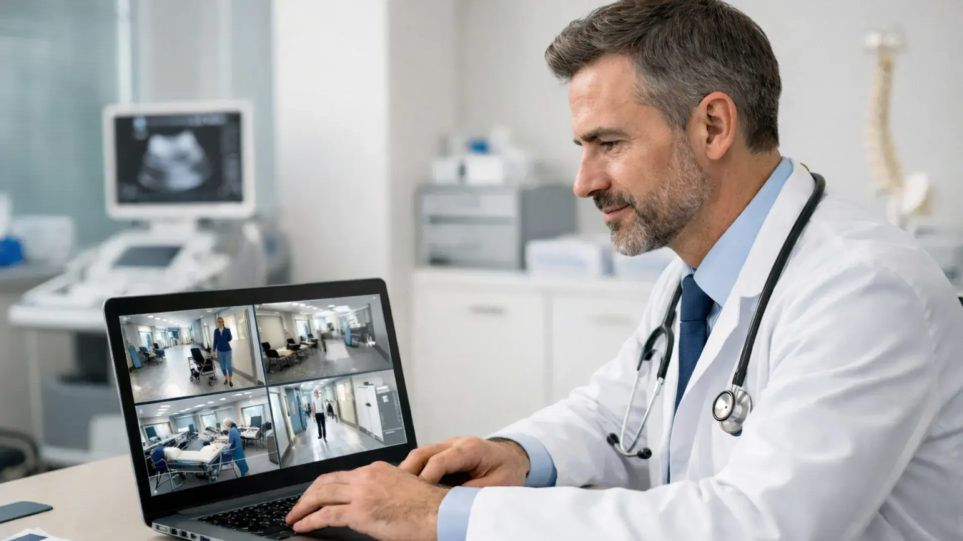 A doctor watching CCTV footages on a laptop
