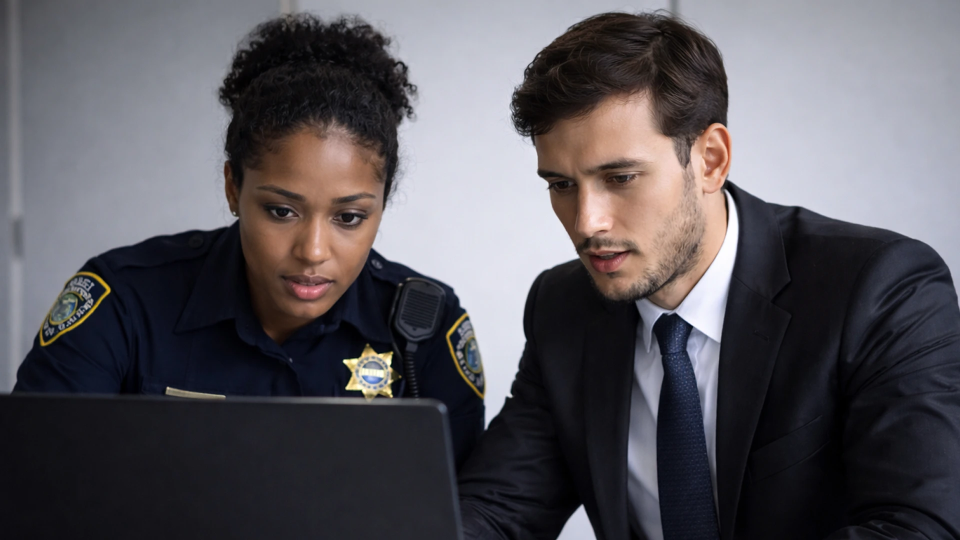 A police officer and a lawyer working on a laptop