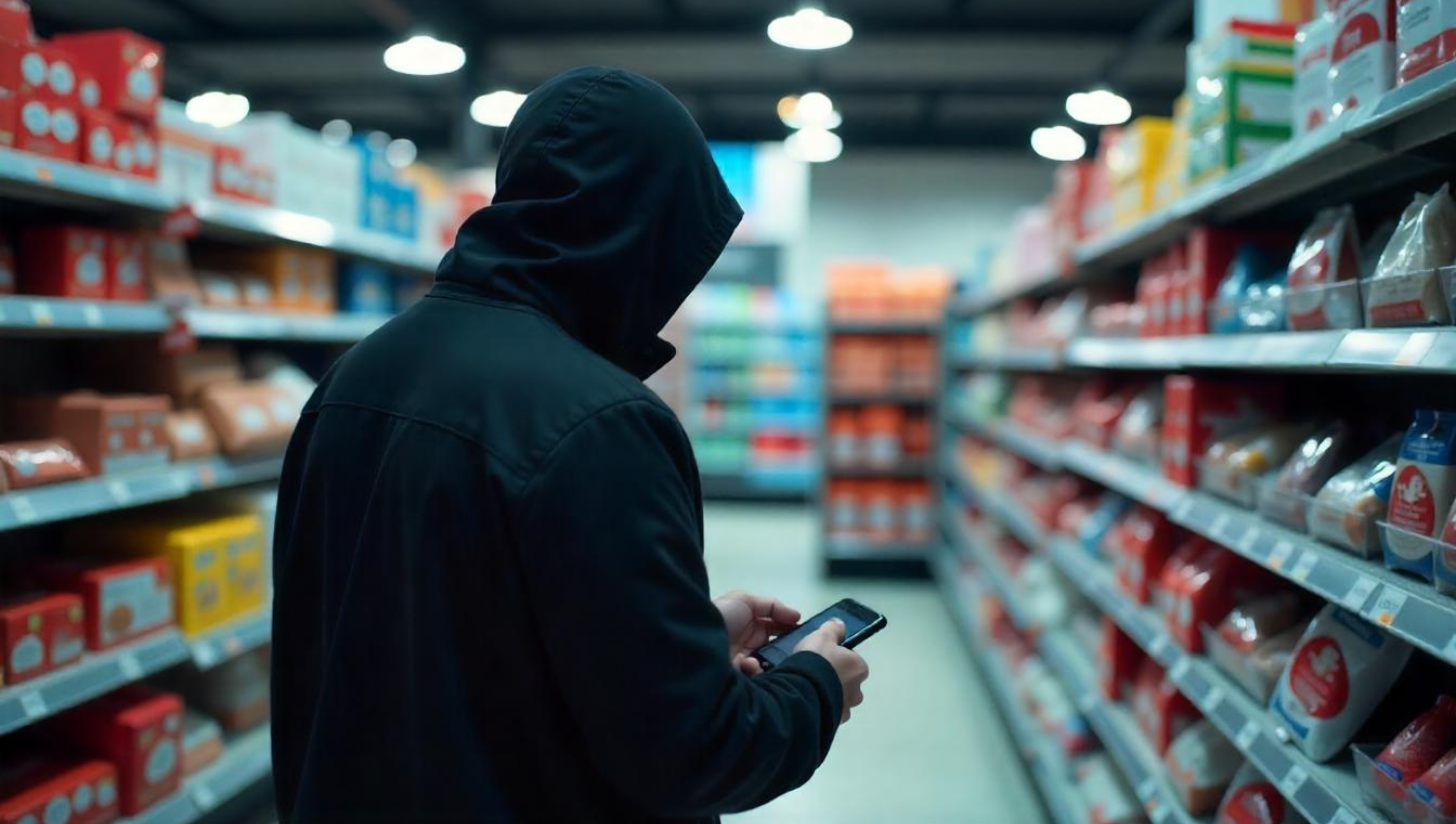 Person in a black hoodie using a smartphone in a retail store aisle, representing a possible organized retail theft scenario.