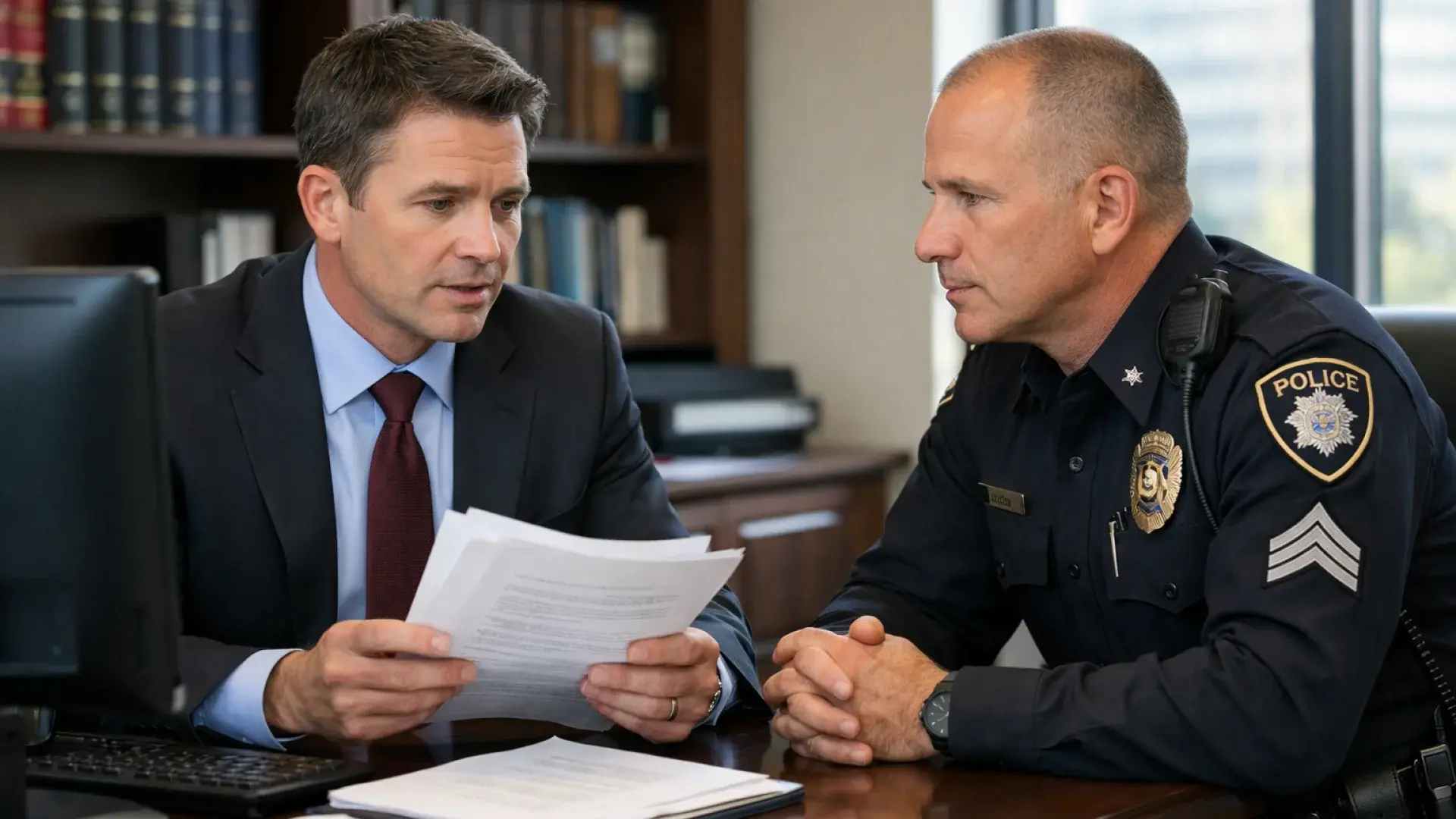 Law enforcement officer coordinating digital evidence disclosure with legal counsel