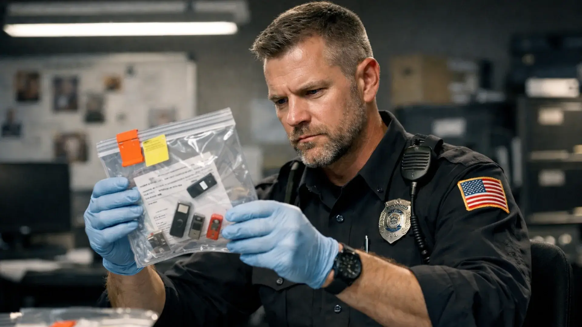 Police officer examines a sealed evidence bag containing electronic devices
