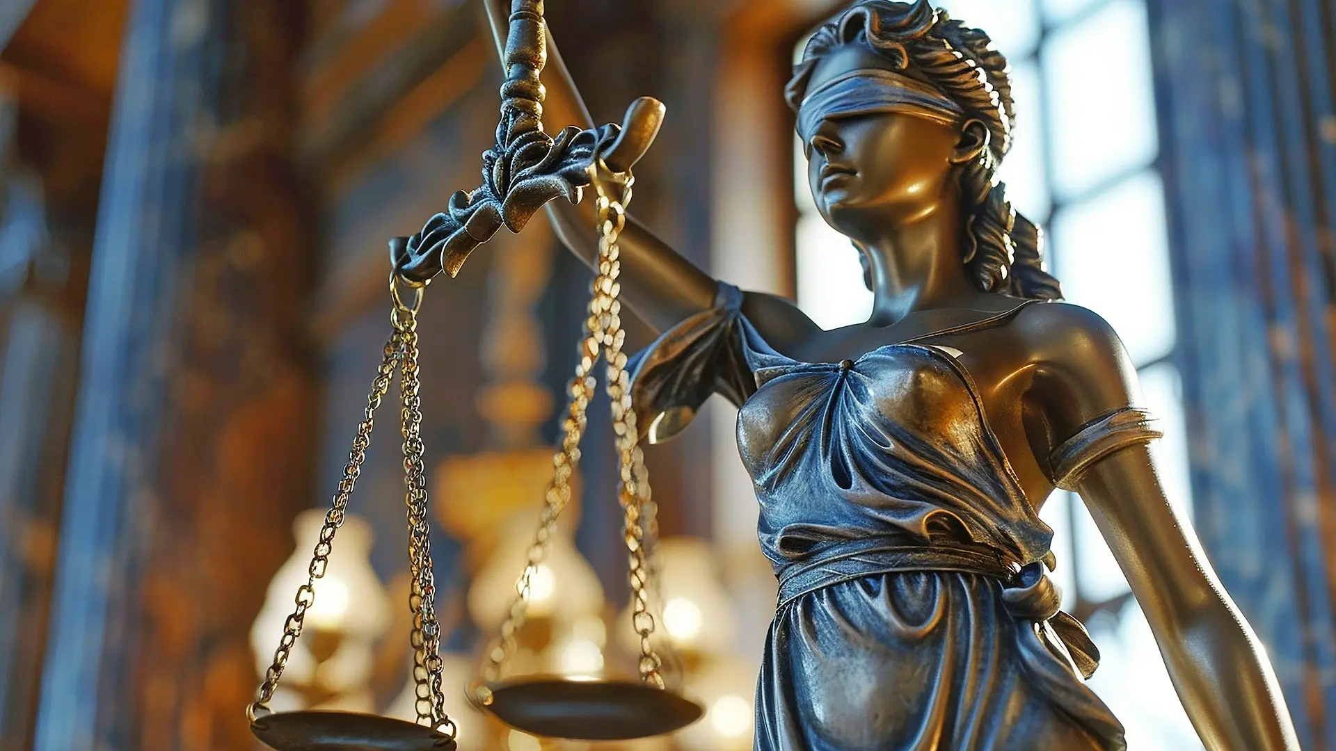 Close-up of the Lady Justice statue holding scales, symbolizing fairness and law, in a beautifully lit courtroom setting.