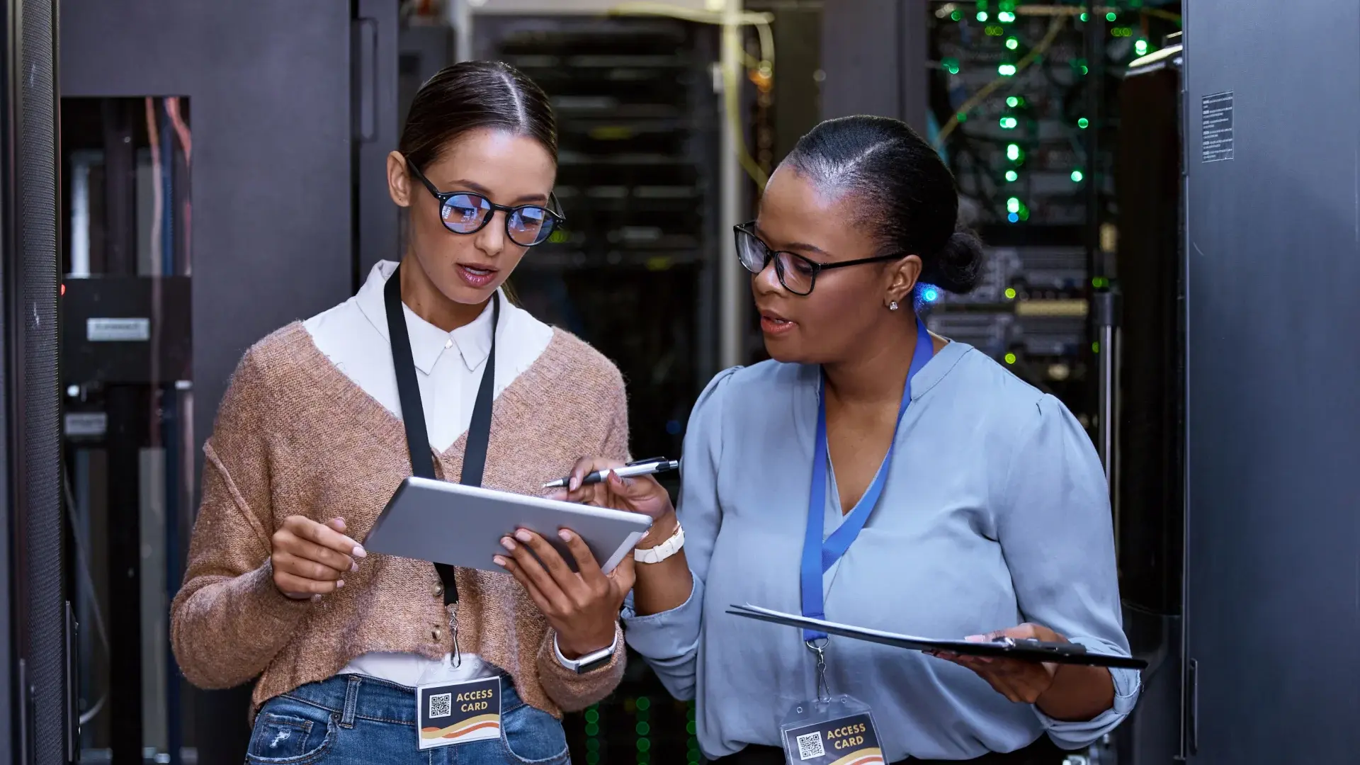 IT professionals reviewing evidence management data in a secure server environment