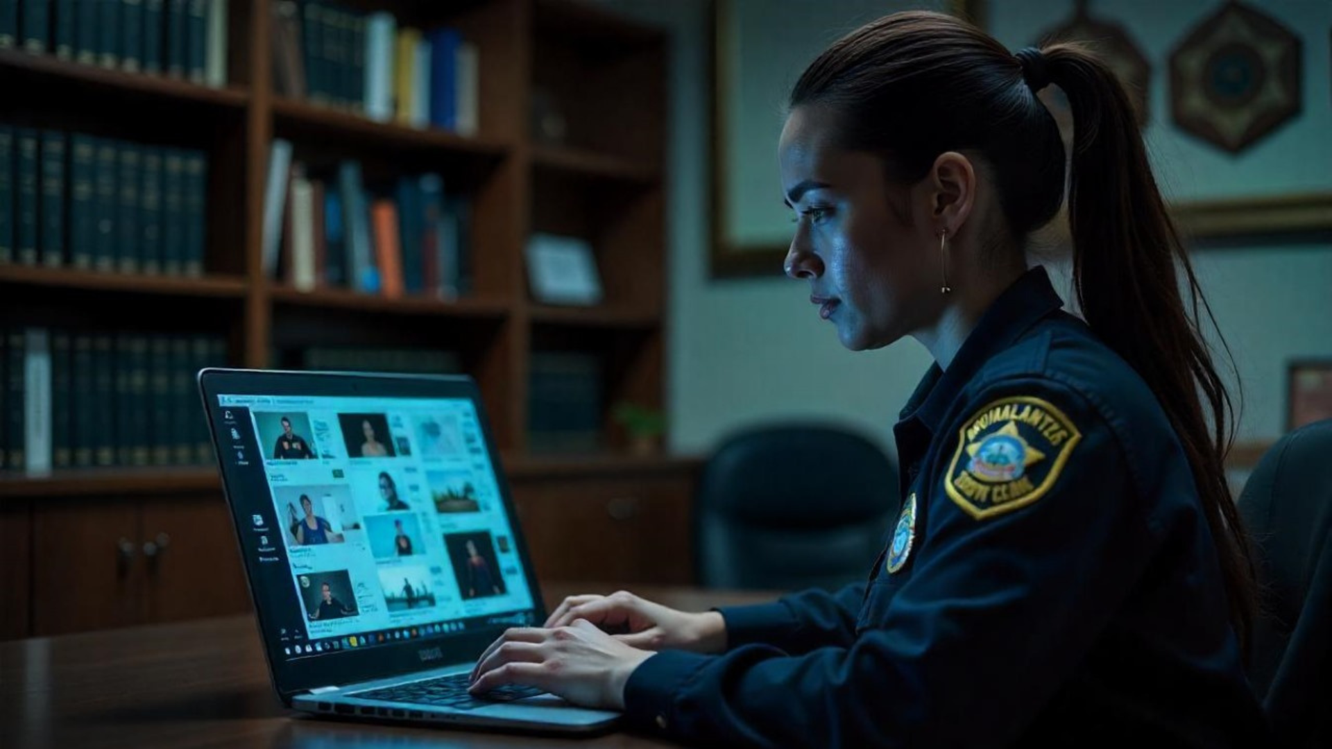 A police officer using DEMS software on laptop