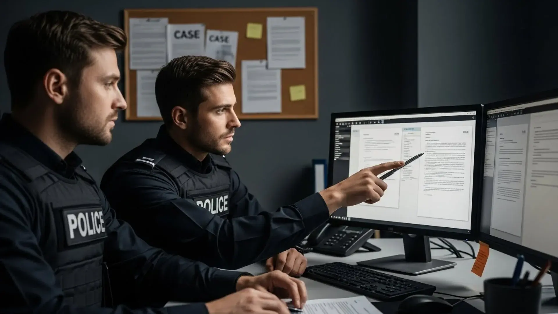 Two Police Officers Generating Reports on Computer