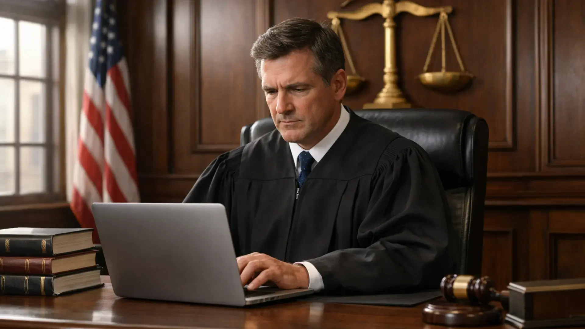 Judge using a laptop in a courtroom