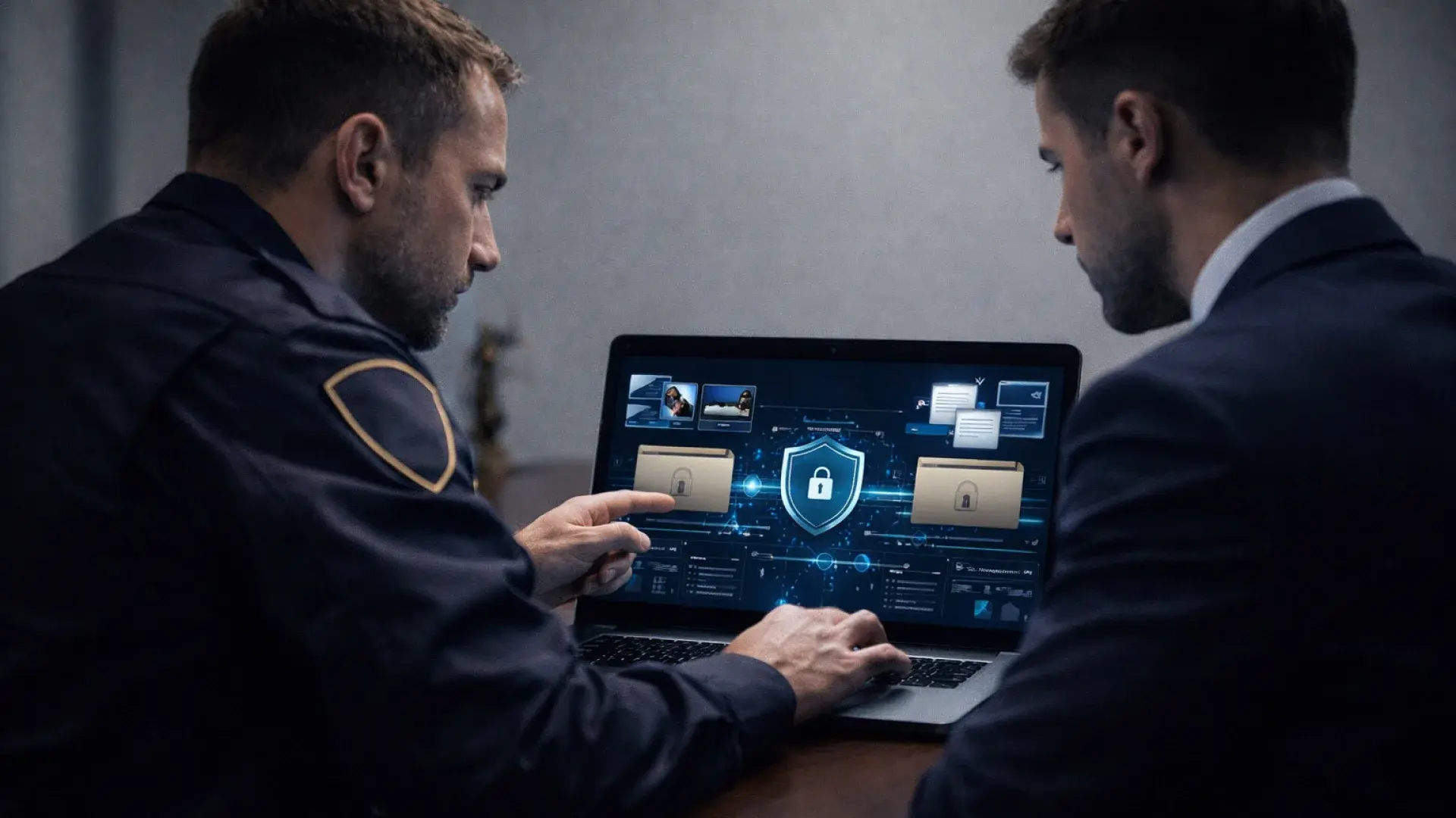A police officer and a lawyer looking at a laptop screen