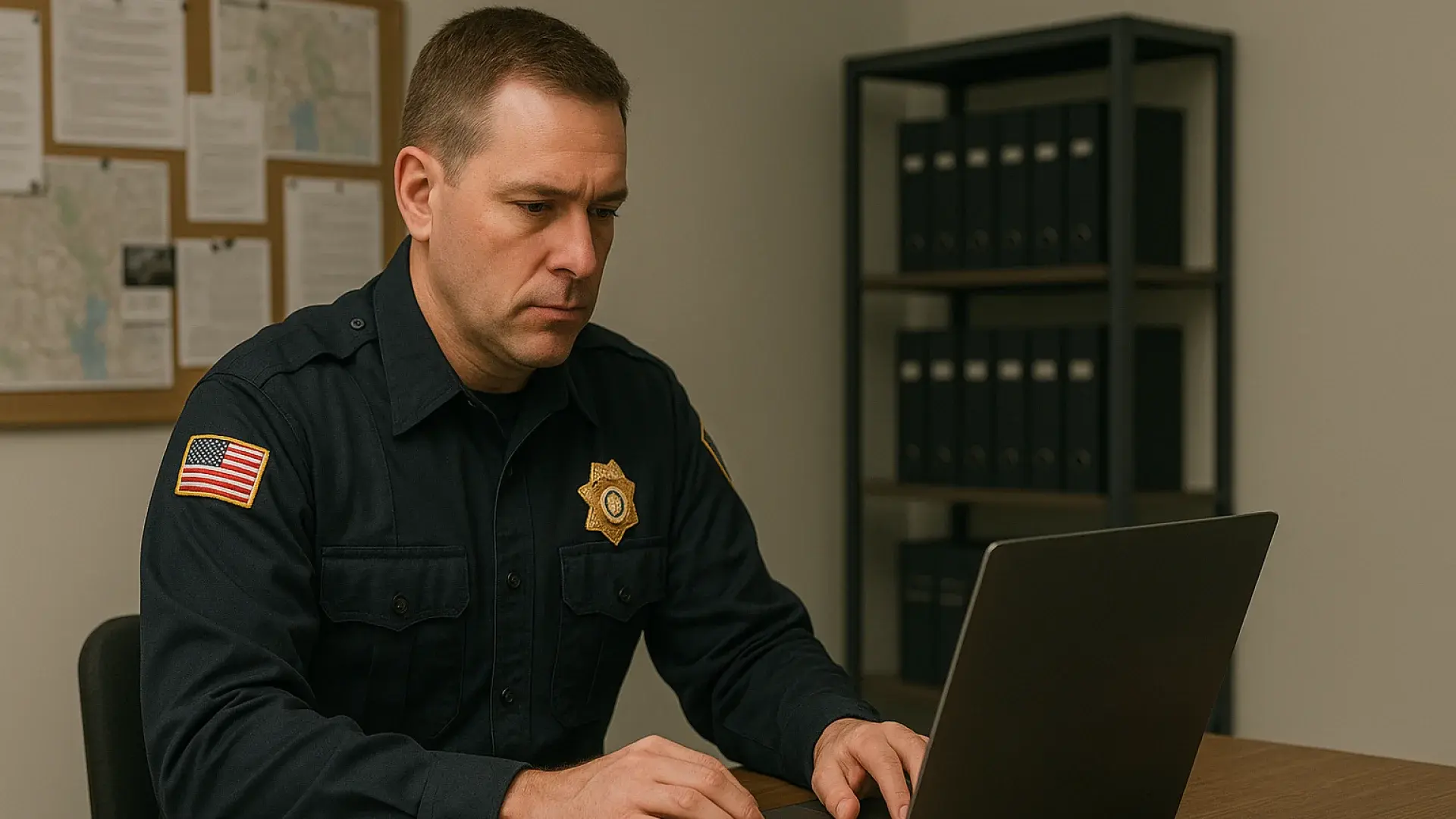 A Police Officer Working on Digital Evidences on a Laptop