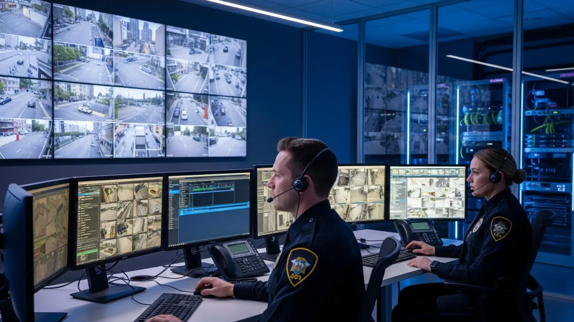 Two Police Officers Looking on Multiple Digital Evidences