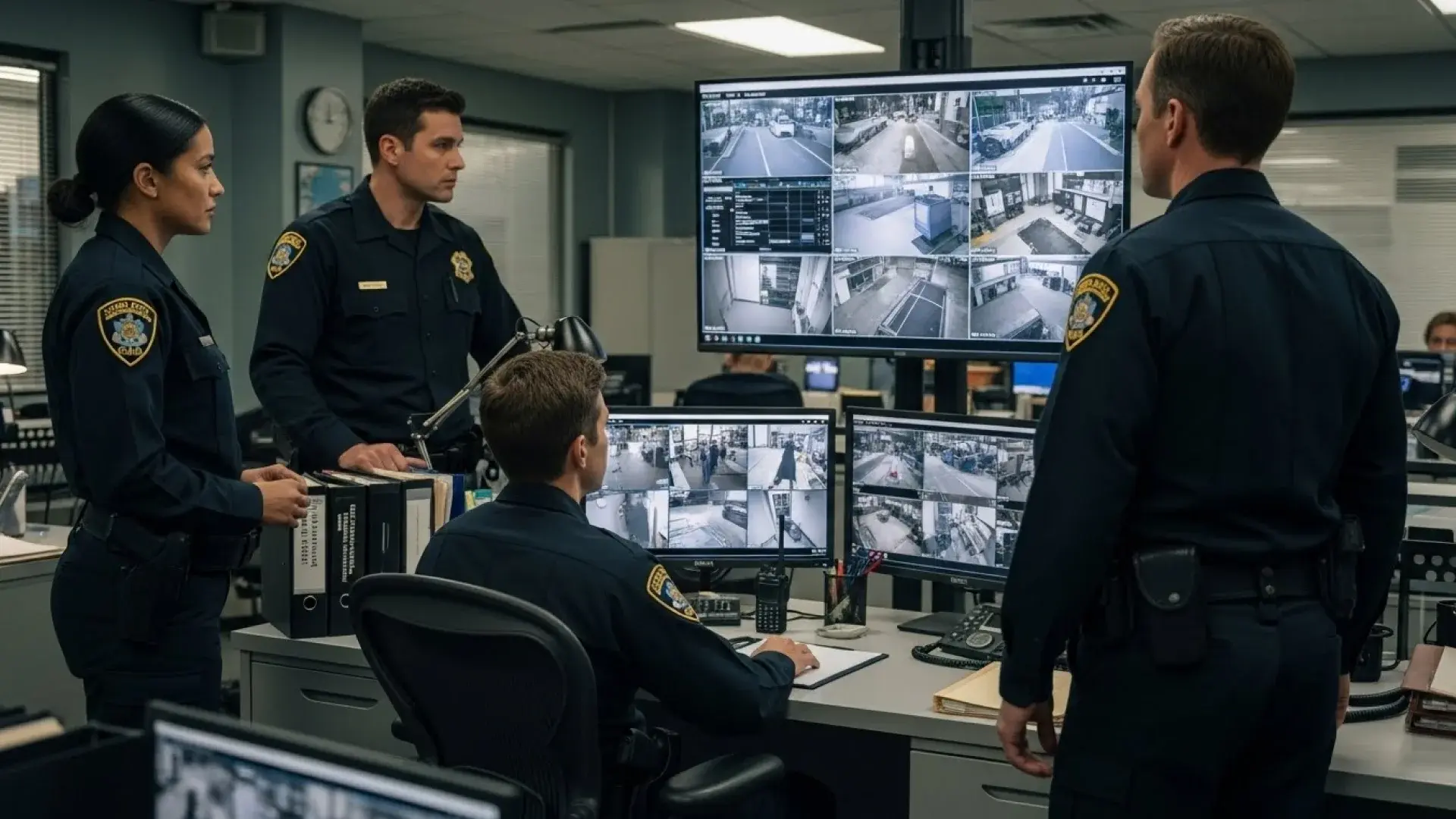 Police officers monitoring surveillance feeds in a control room.