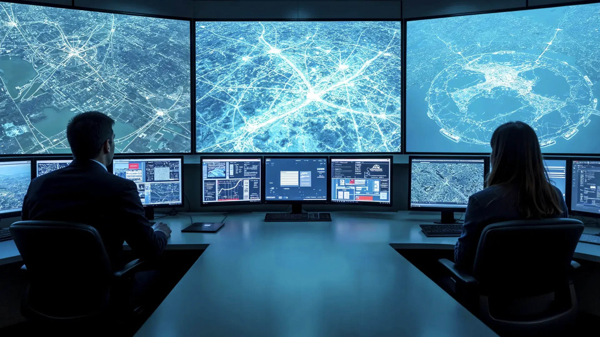 Two analysts sit in a control room monitoring multiple large screens displaying digital maps