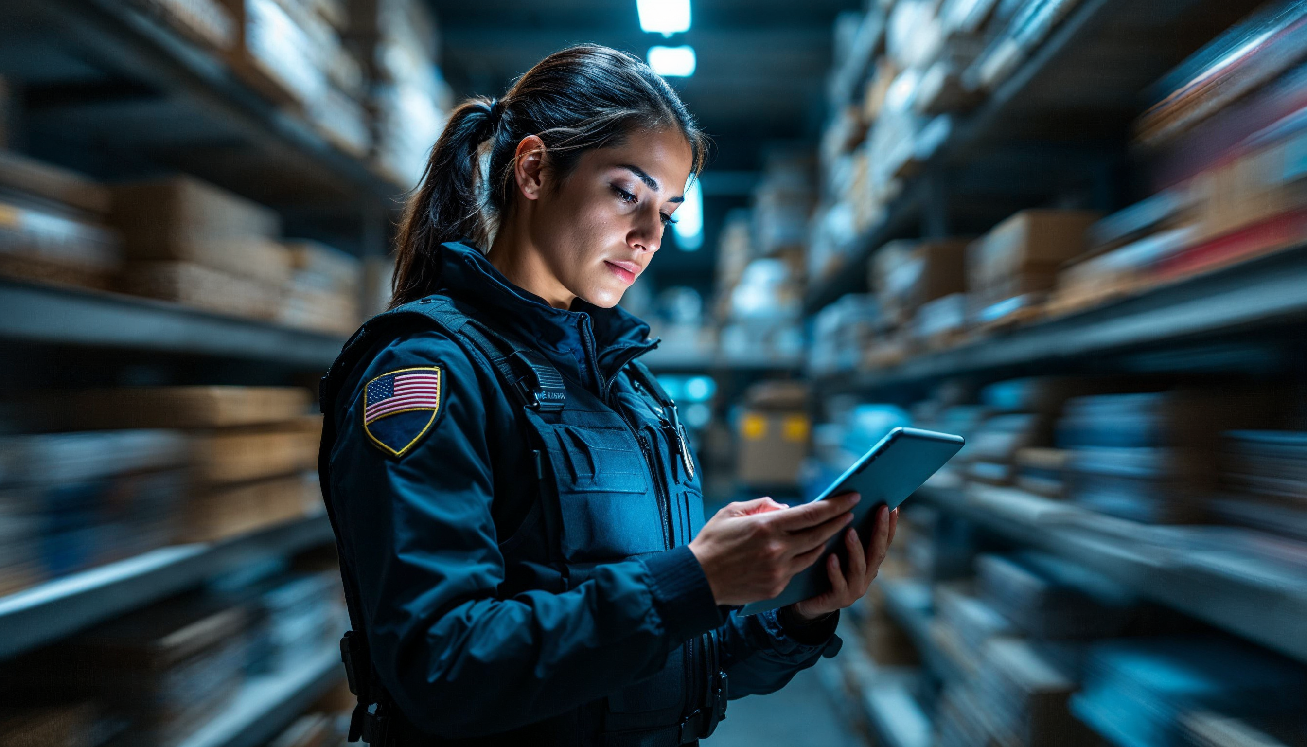 A female officer of Hispanic descent, wearing a tactical vest, analyzing digital evidence on a tablet while standing in a dimly lit evidence room filled with shelves of boxes.