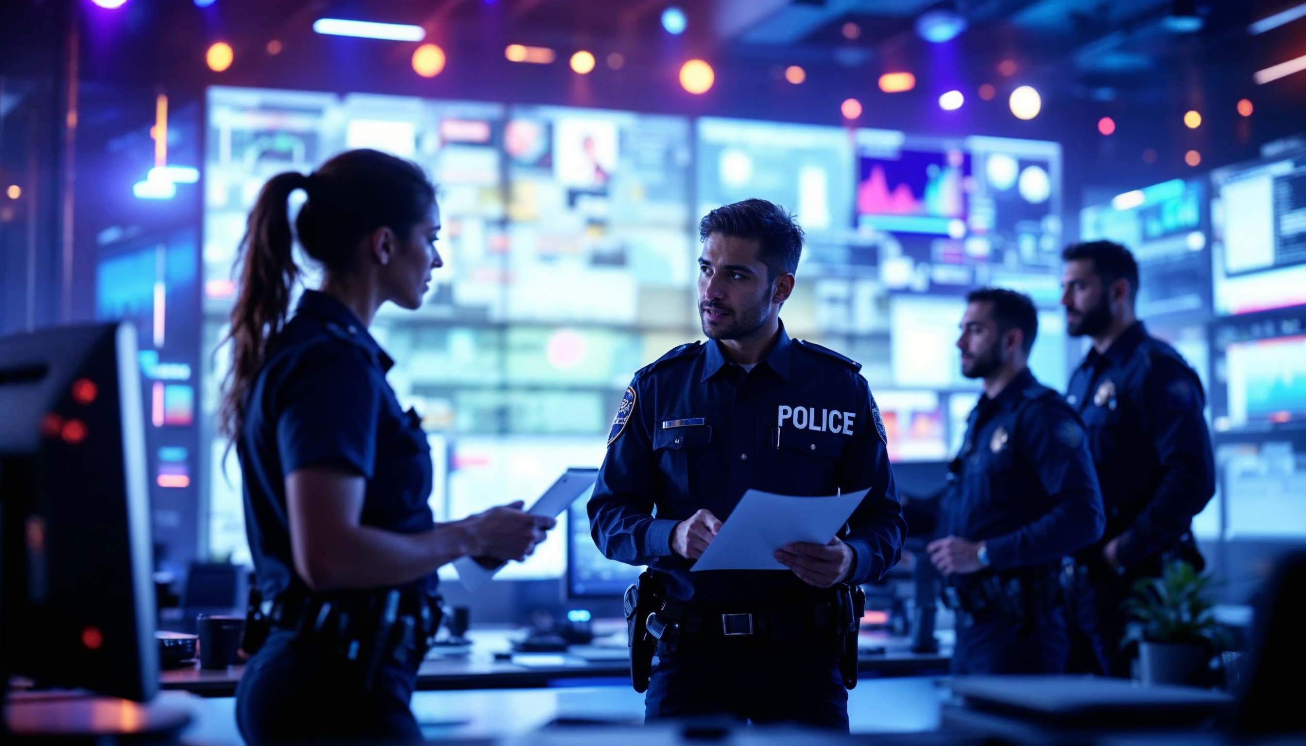 A Hispanic female law enforcement officer presenting a security assessment to a group of officers, including a Middle-Eastern male, in a high-tech command center filled with monitors and cybersecurity tools.