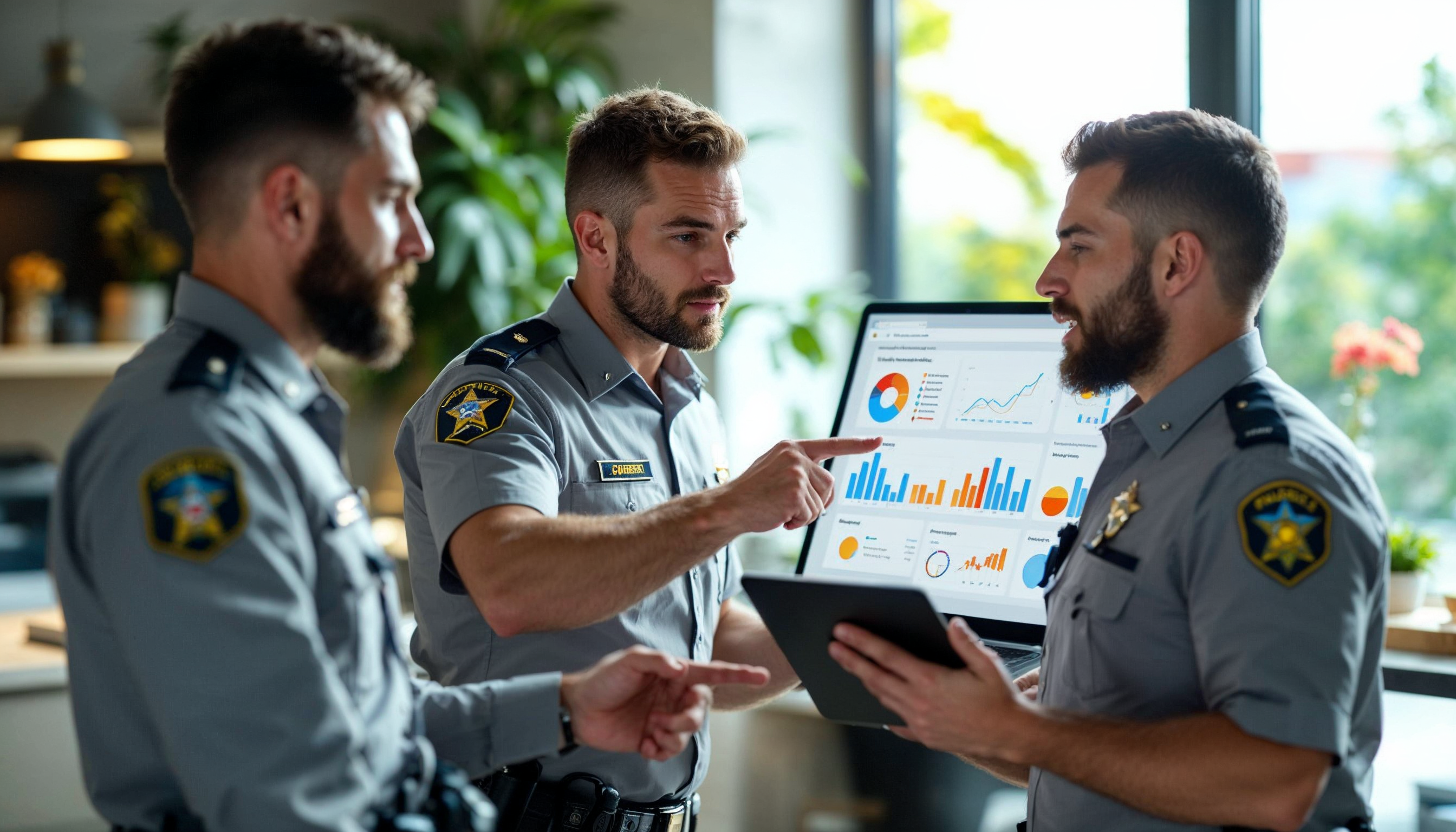 A laptop displaying an on-premise deployment interface while two Caucasian male Sheriffs in uniform discuss the setup, one holding a tablet and the other pointing at the screen.