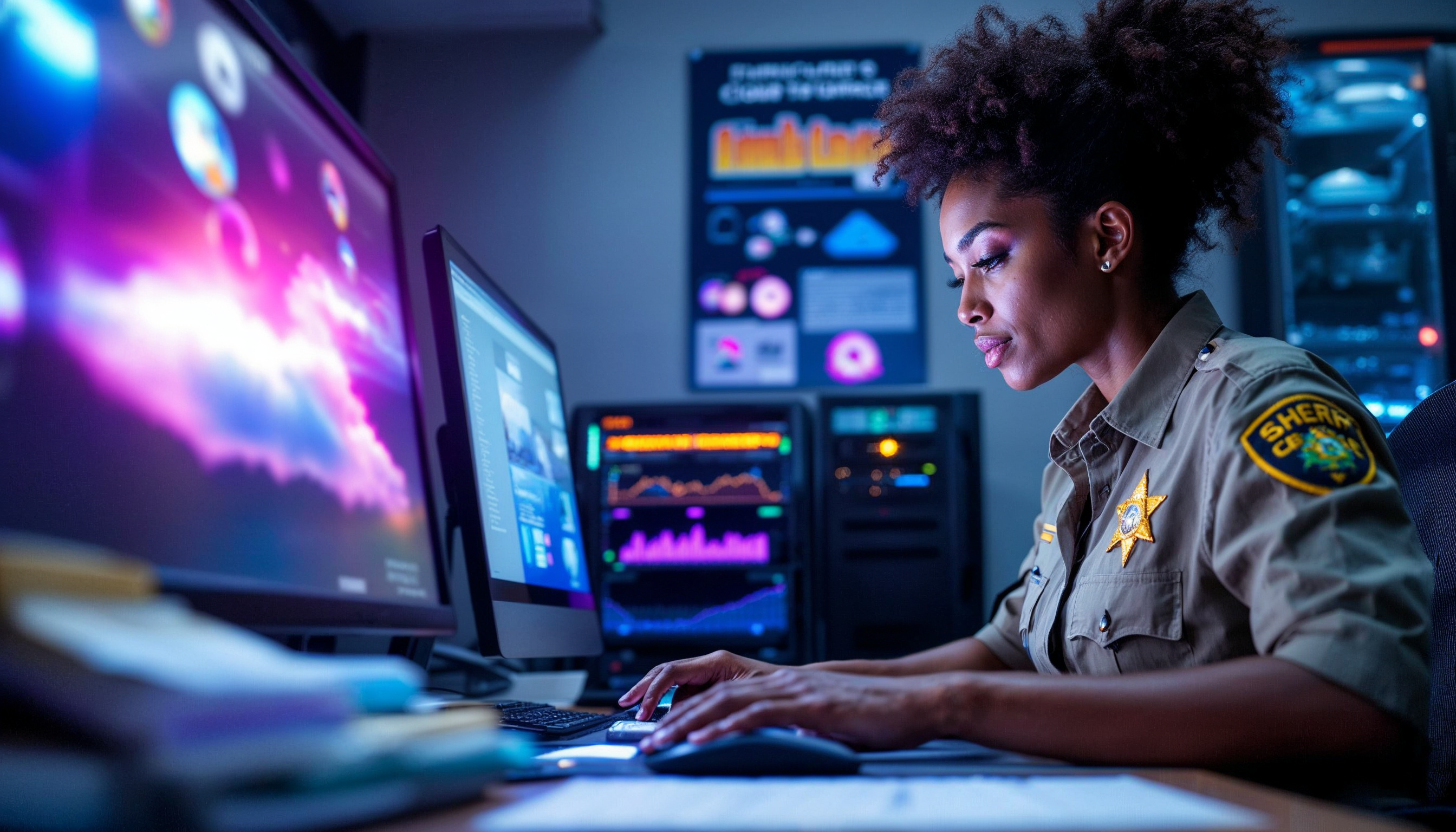 A contemporary sheriff's office evidence room, where a Black female officer is organizing digital files on a computer, surrounded by advanced technology like servers, with a poster on the wall illustrating the transition from CDs to cloud storage.