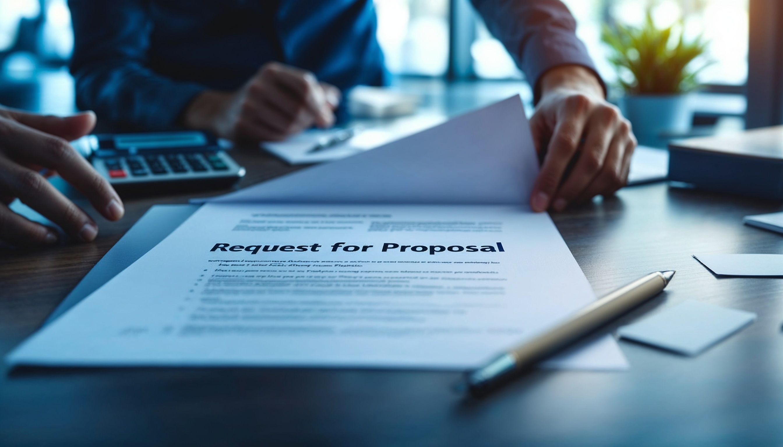 A professional Request for Proposal Report for a firm, featuring a cover page with the firm's logo. The report is opened on a desk with a calculator and business cards scattered around, set in a modern office environment, with soft artificial lighting.