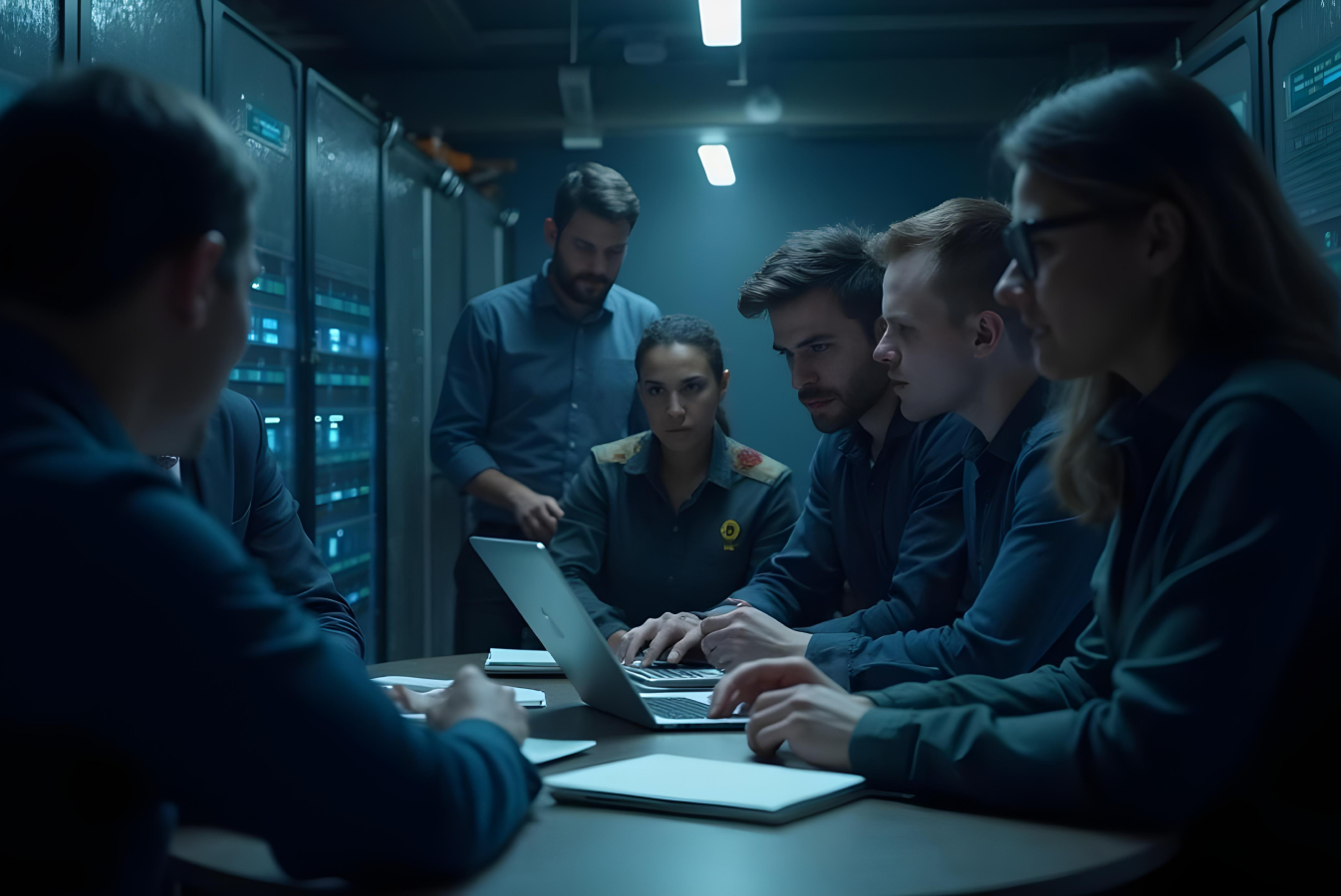 A group of professionals working in a server room