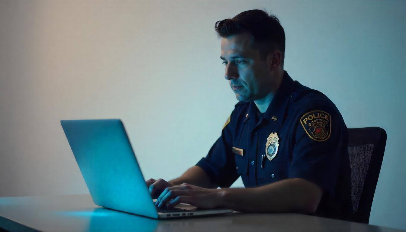 a police officer using laptop for police surveillance video storage